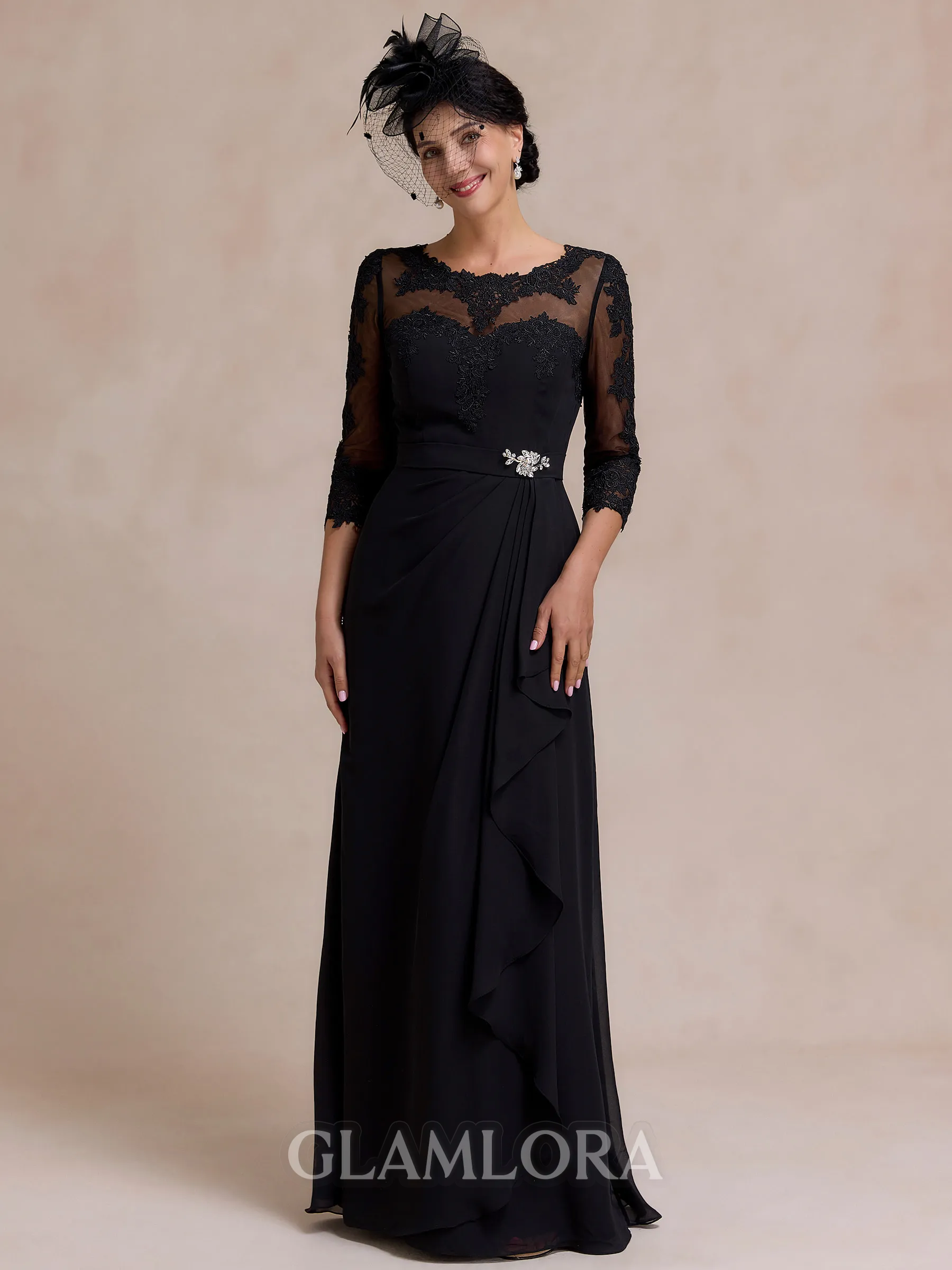 Rhythmic A-line Scoop 3/4 Sleeves Appliques Lace Floor-Length Chiffon Mother of the Bride Dress
