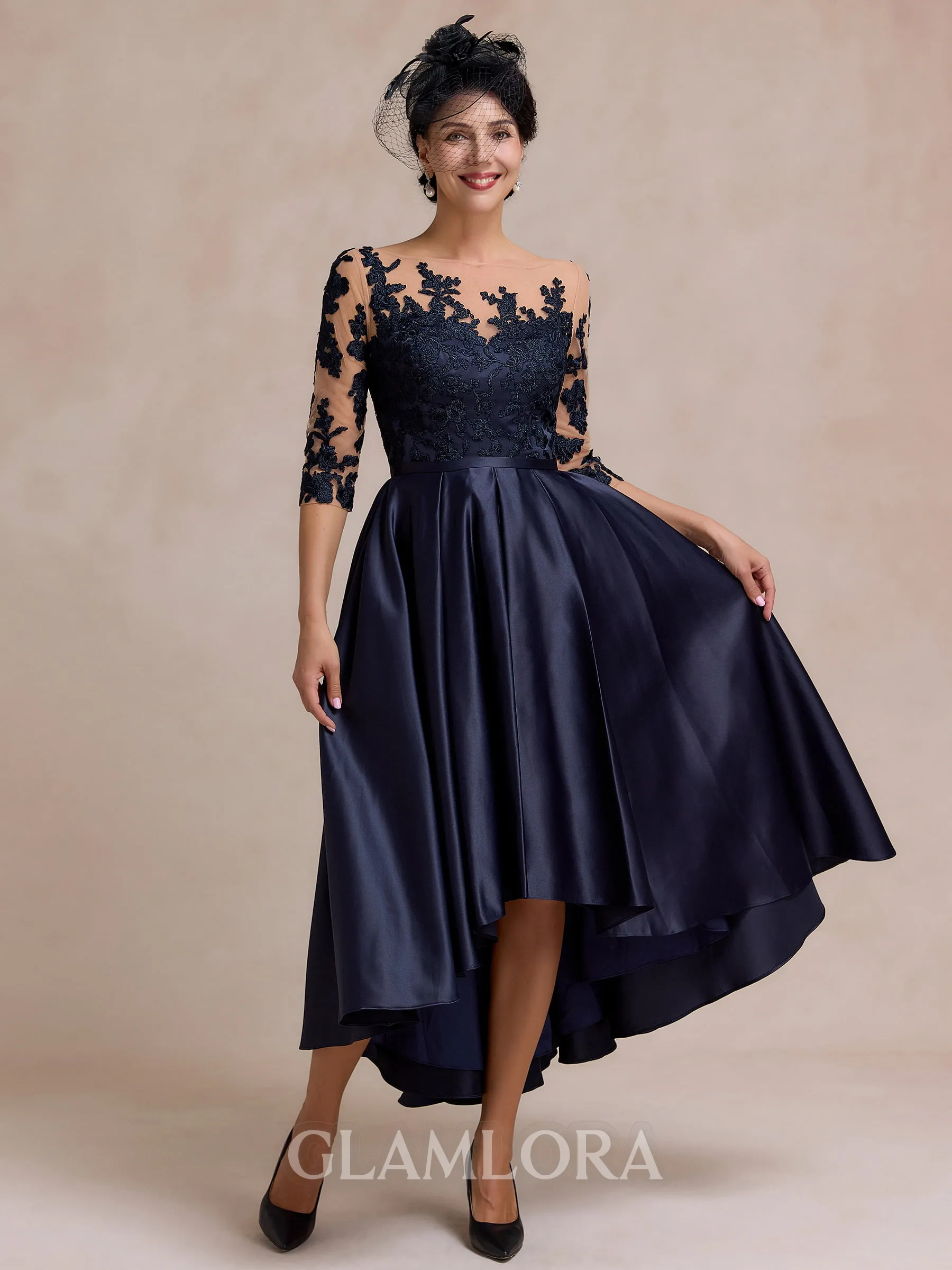 Tasteful A-line Bateau 3/4 Sleeves Appliques Lace Asymmetrical Satin Mother of the Bride Dress