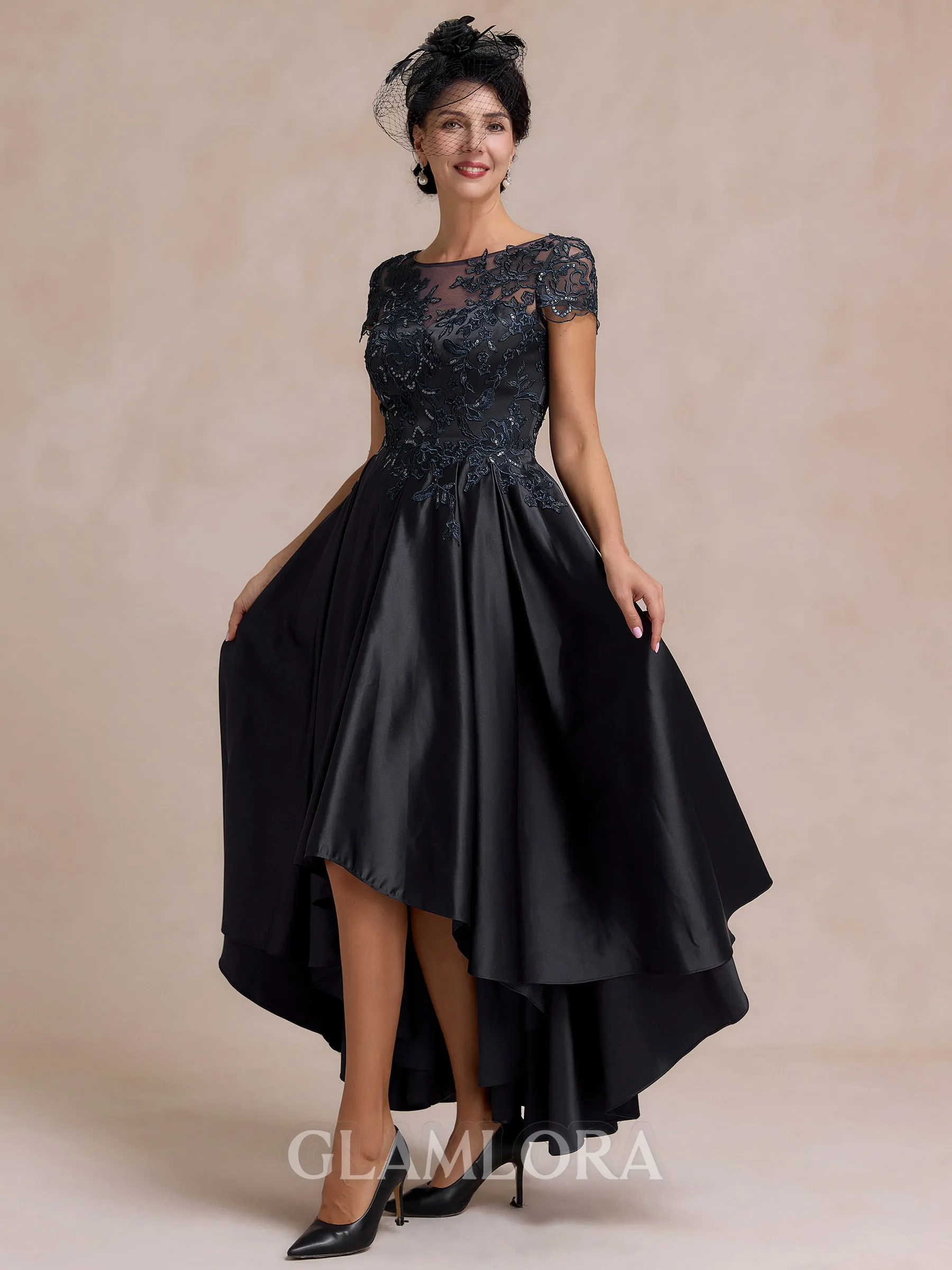 Understated A-line Scoop Short Sleeves Appliques Lace Asymmetrical Satin Mother of the Bride Dress