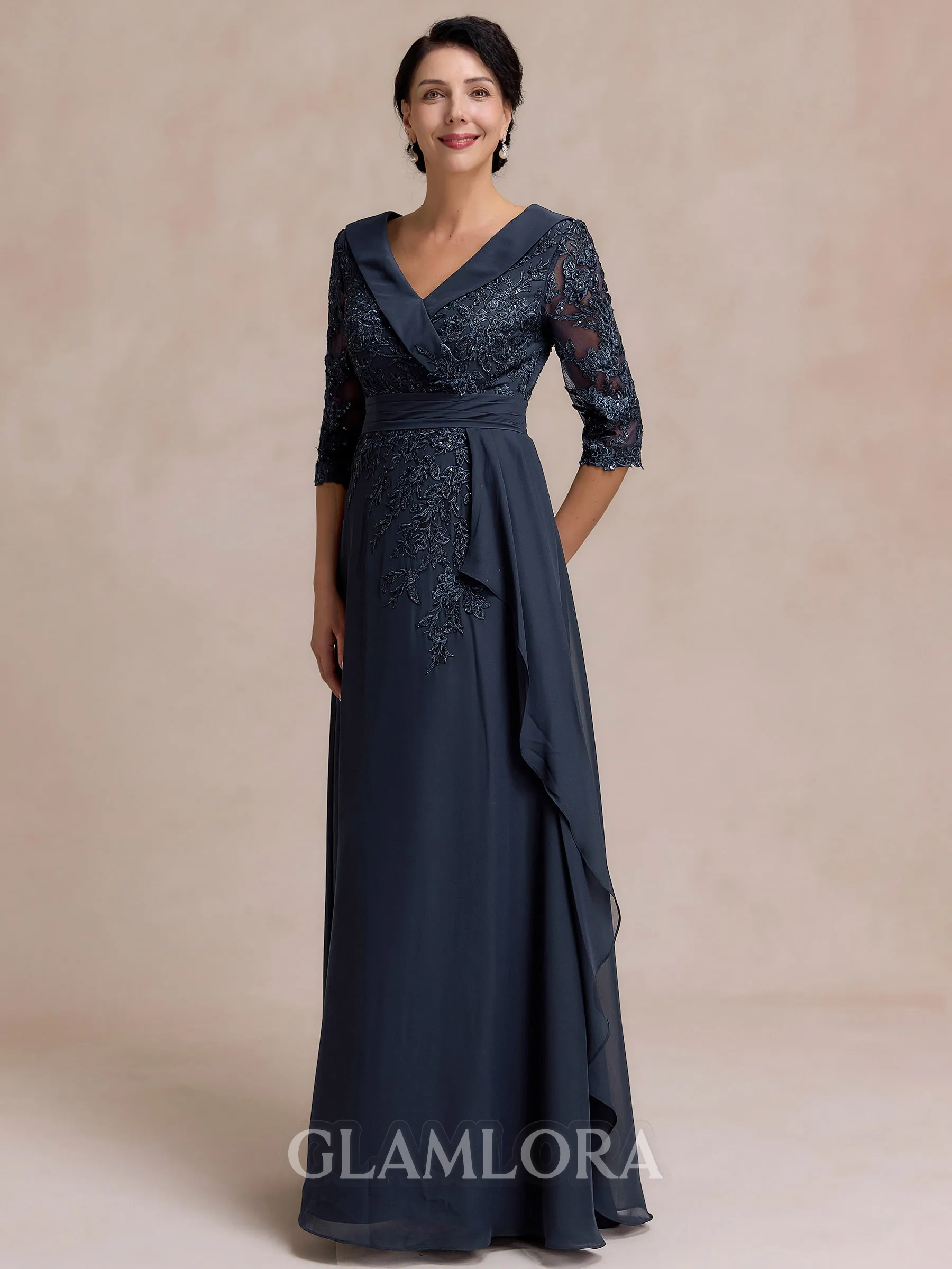 Tasteful A-line V-Neck 3/4 Sleeves Appliques Lace Floor-Length Chiffon Mother of the Bride Dress