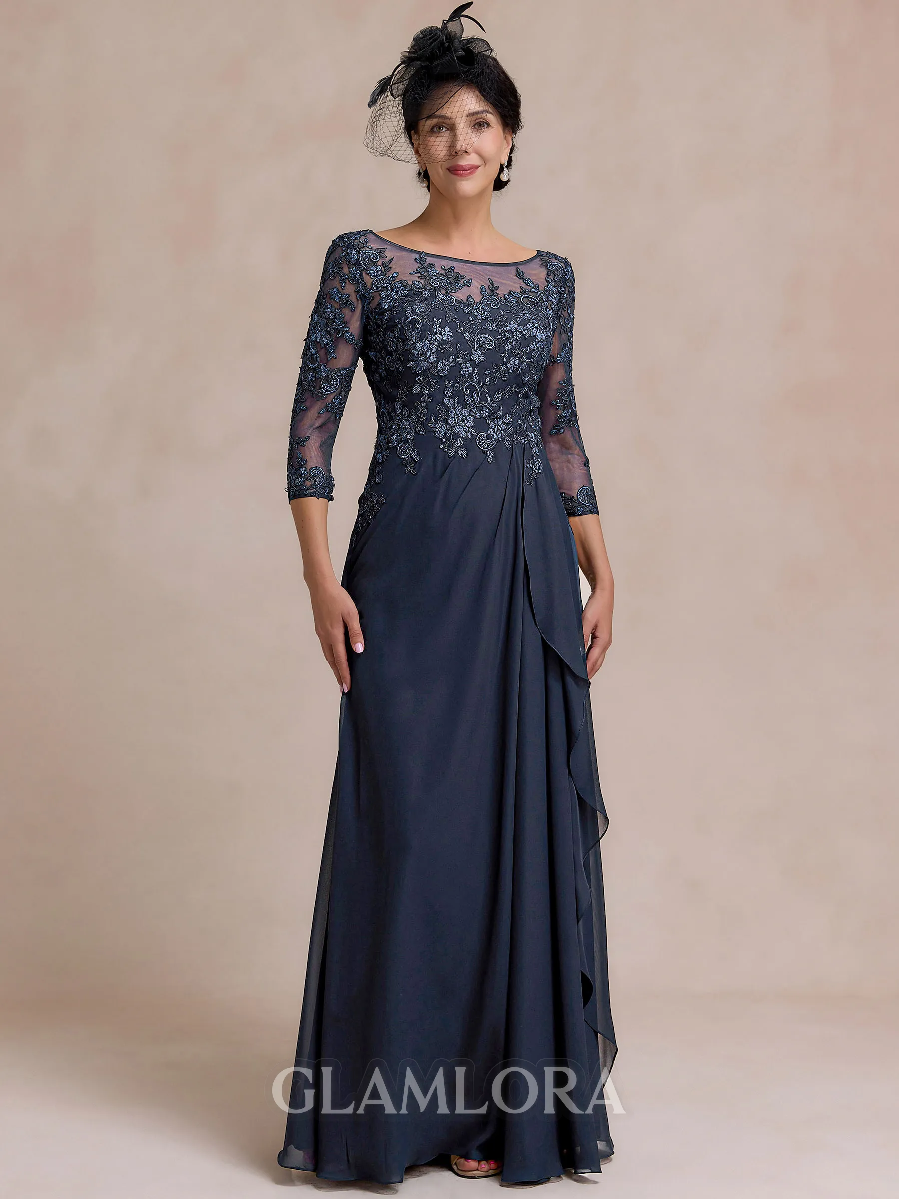 Radiant A-line Scoop 3/4 Sleeves Appliques Lace Floor-Length Chiffon Mother of the Bride Dress