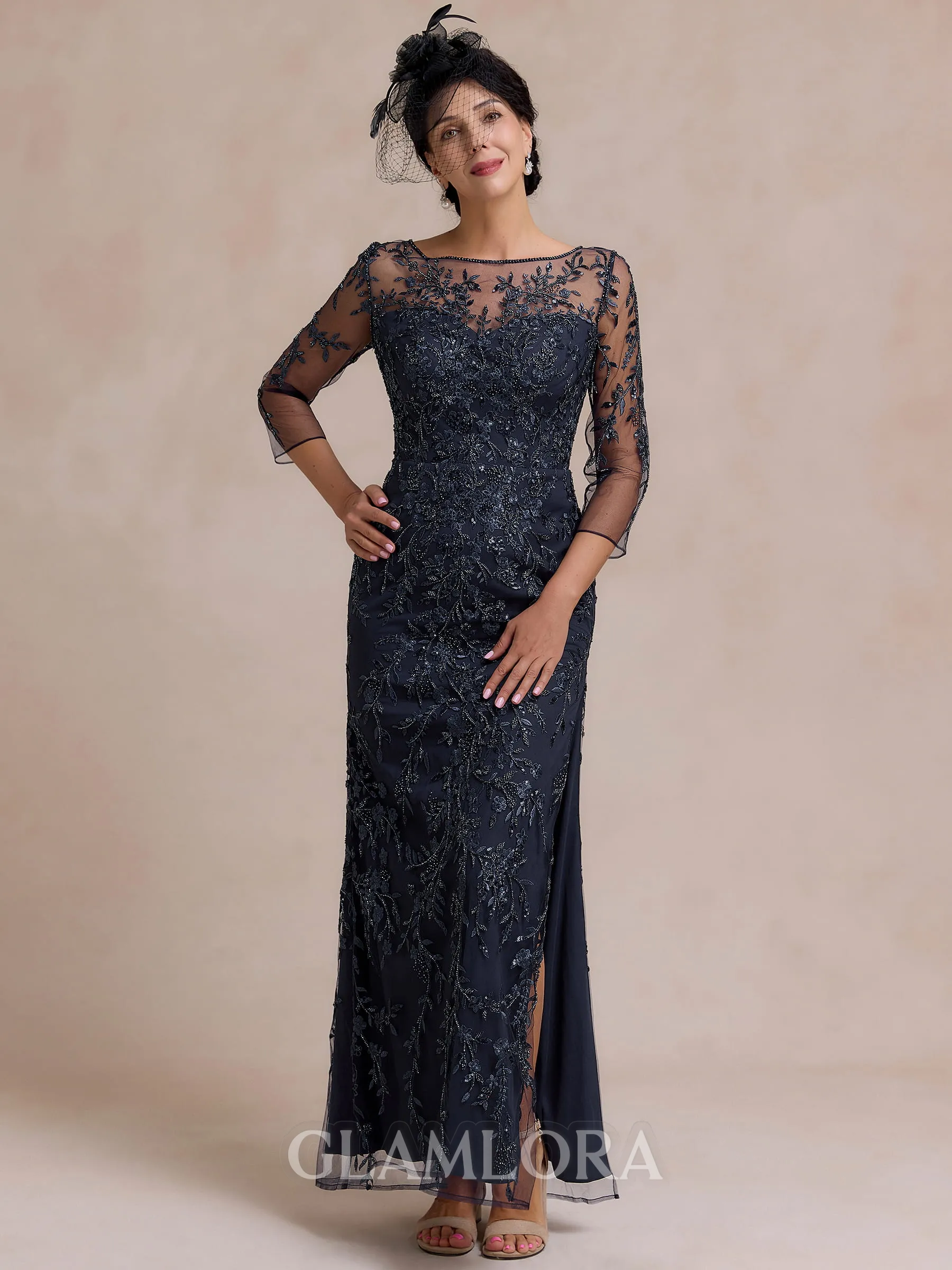 Regal Sheath Scoop 3/4 Sleeves Floor-Length Lace Mother of the Bride Dress