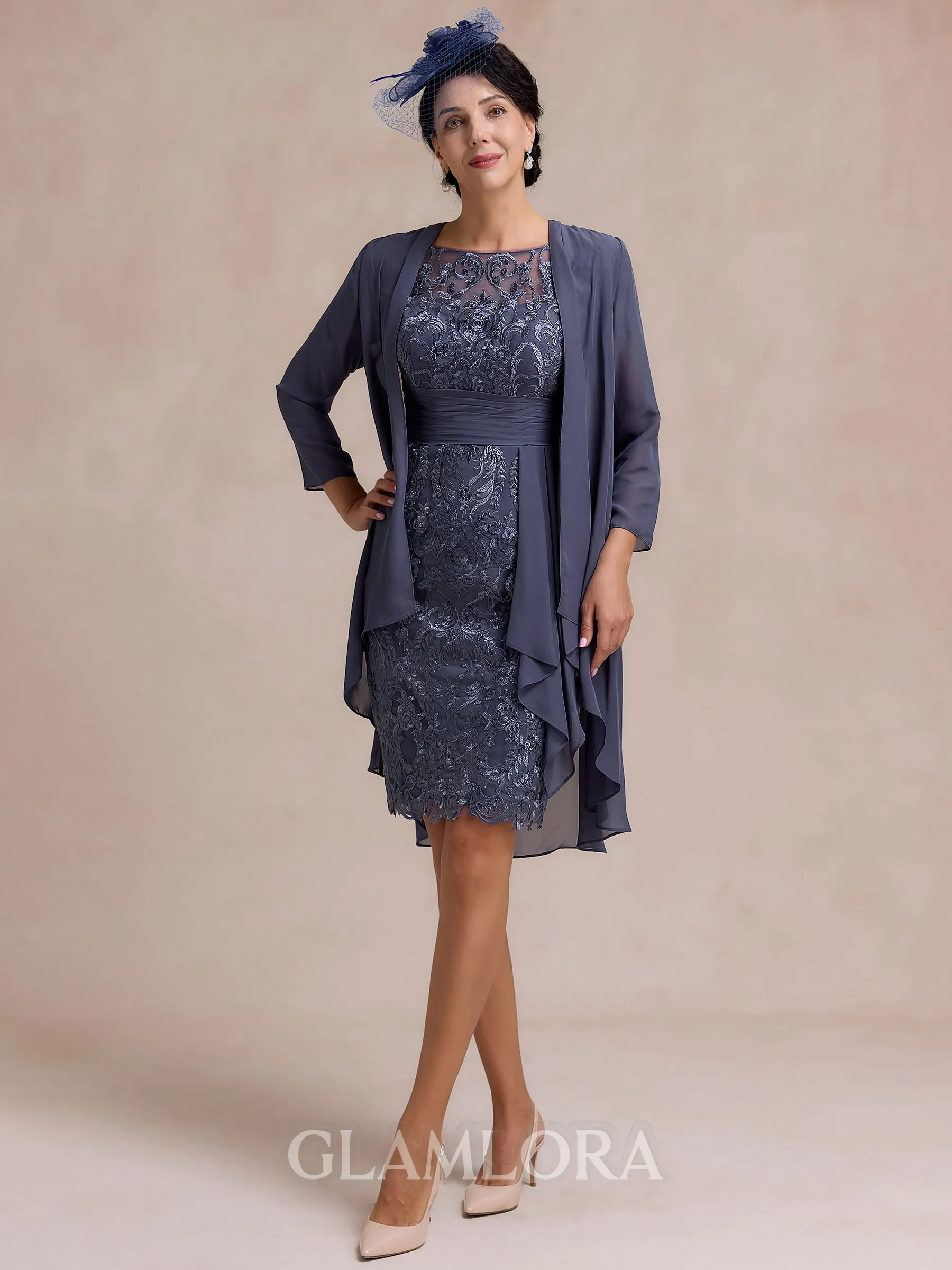 Regal Sheath Scoop Short Sleeves Appliques Lace Knee-Length Chiffon Mother of the Bride Dress