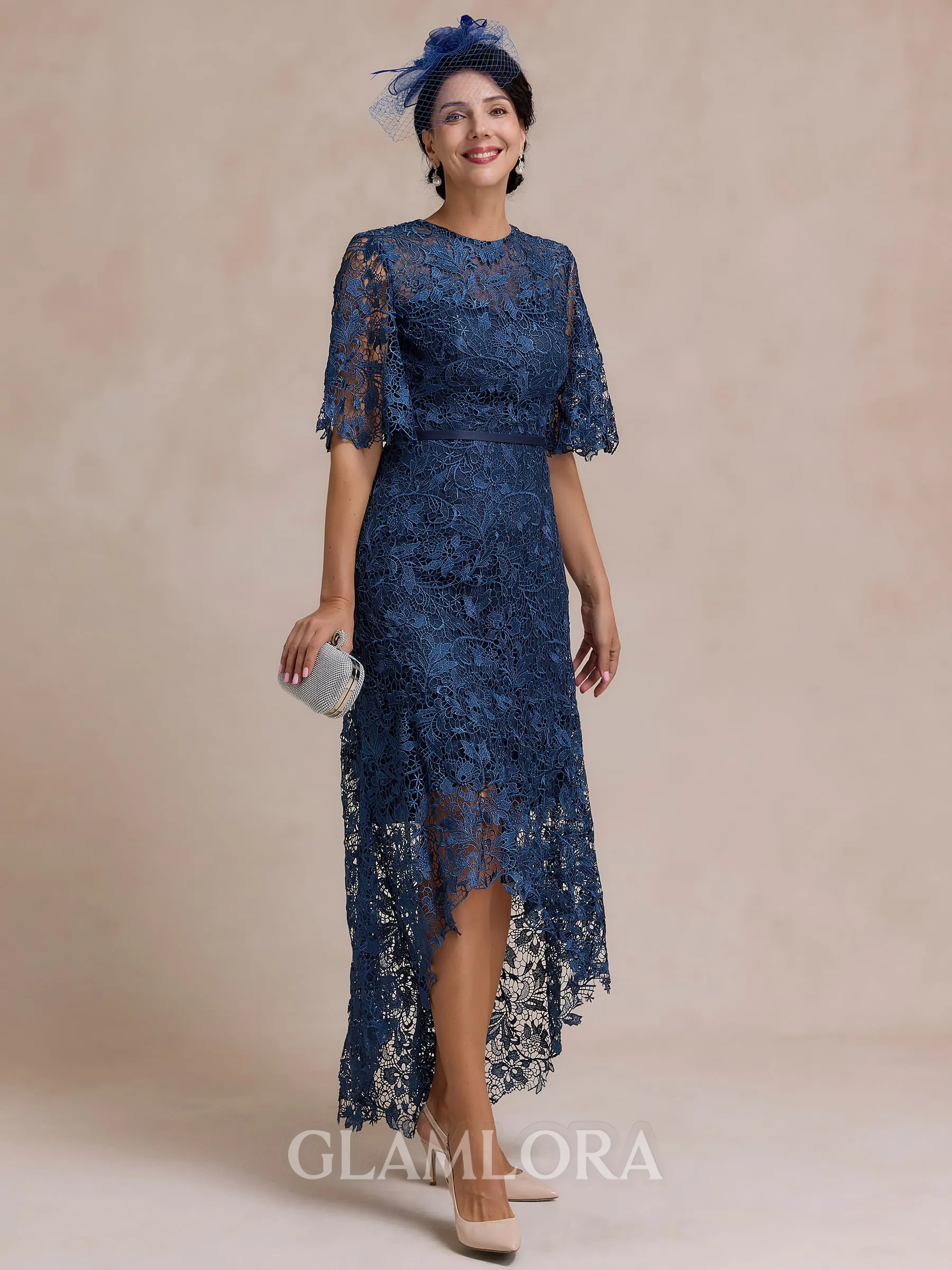 Classy A-line Scoop 1/2 Sleeves Asymmetrical Lace Mother of the Bride Dress