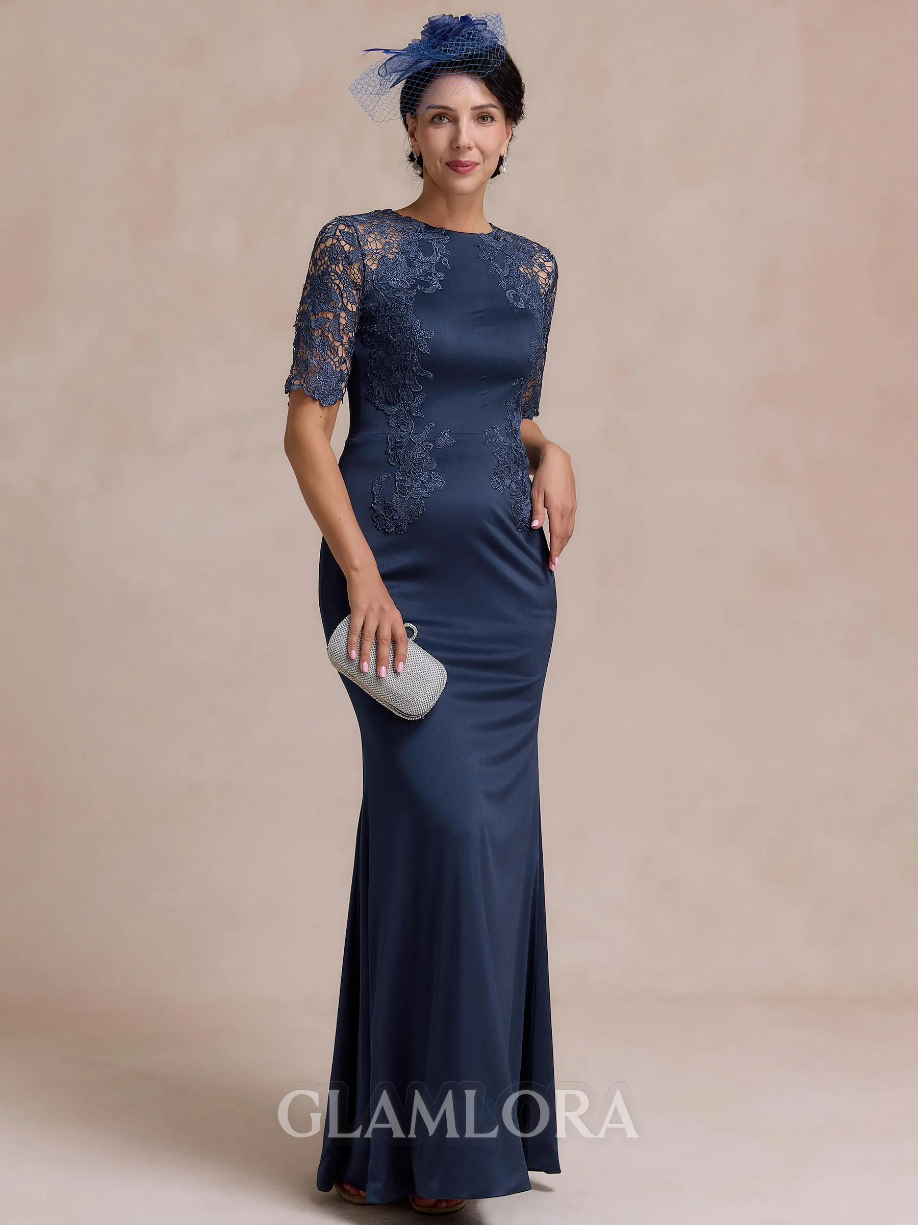Gracious Sheath Scoop 1/2 Sleeves Appliques Lace Floor-Length Jersey Mother of the Bride Dress