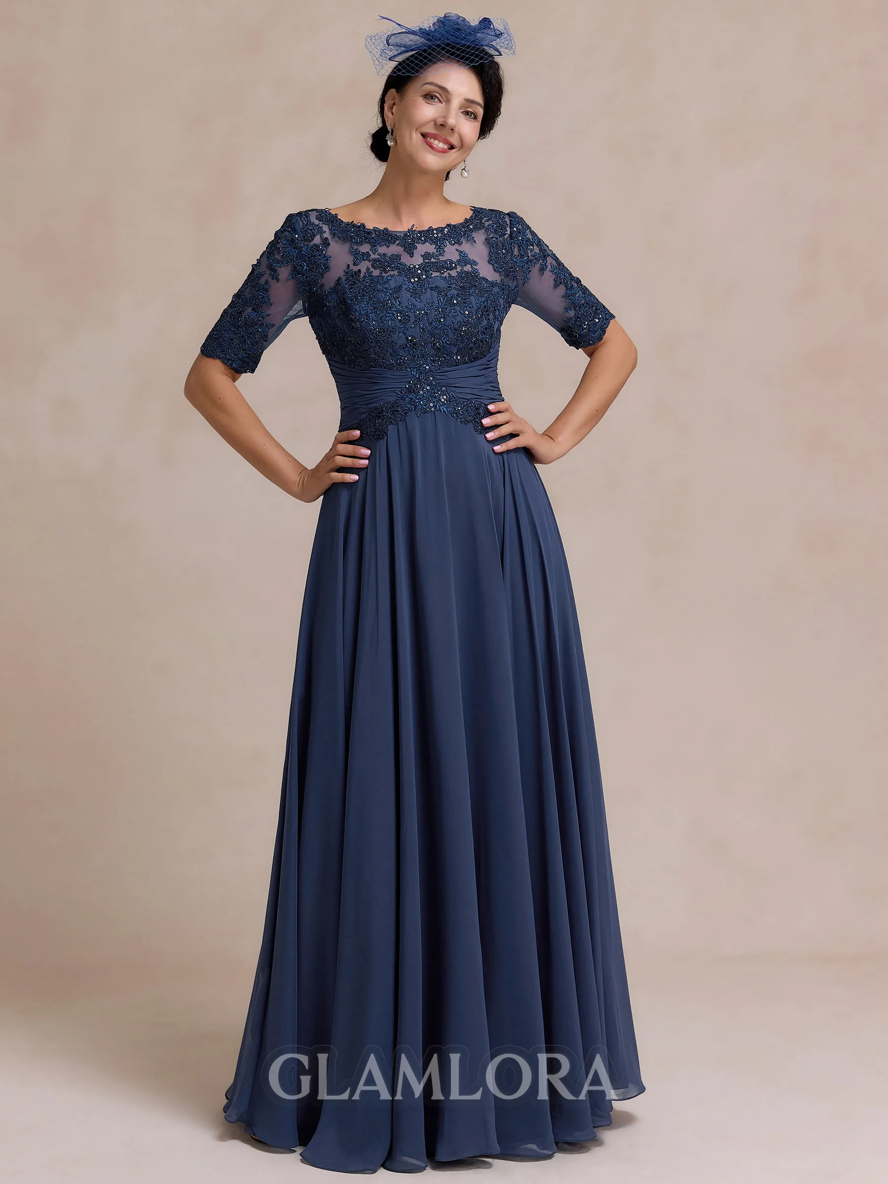 Polished A-line Scoop 1/2 Sleeves Appliques Lace Floor-Length Chiffon Mother of the Bride Dress
