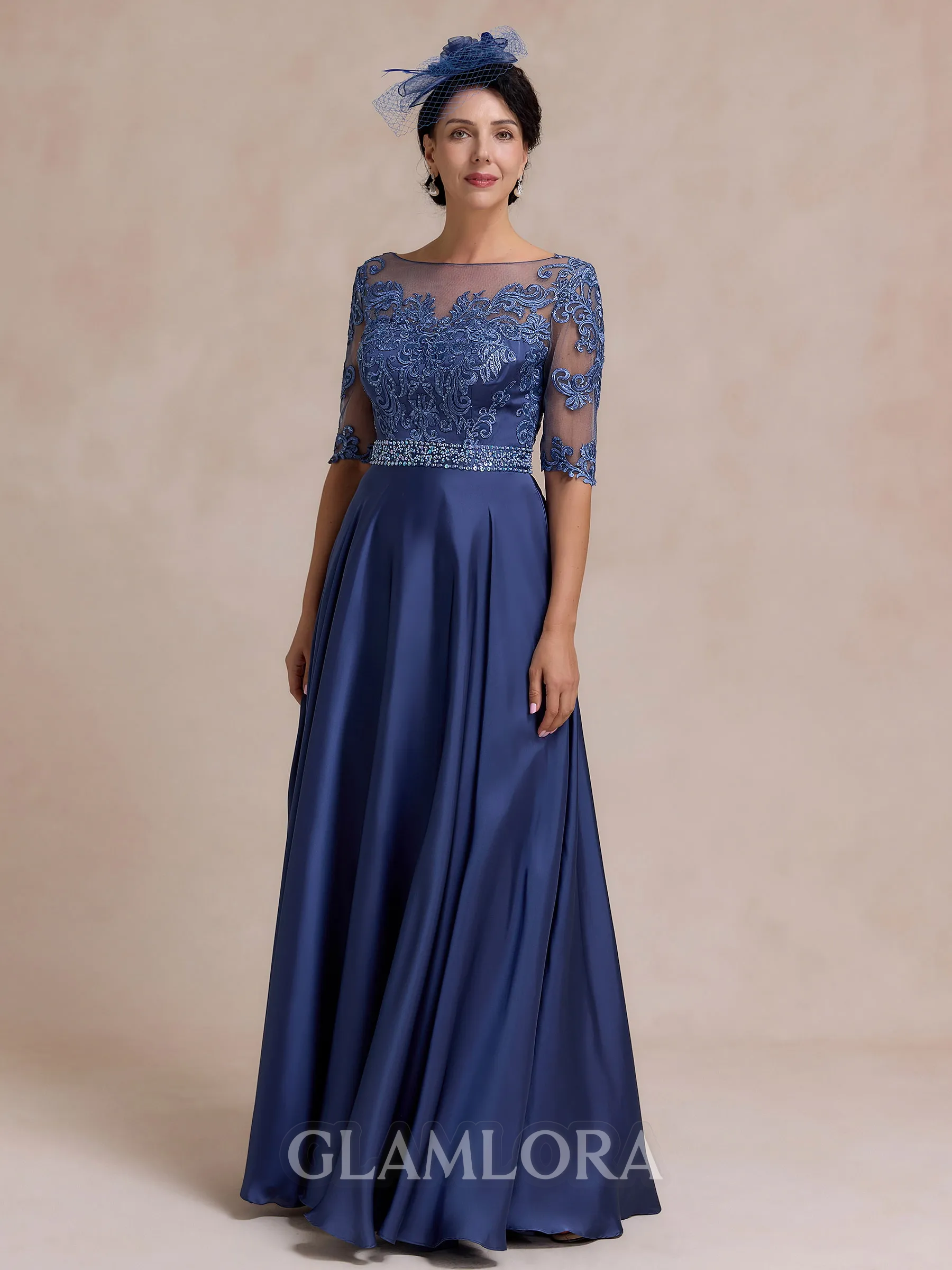 Stylish A-line Scoop 1/2 Sleeves Appliques Lace Floor-Length Satin Chiffon Mother of the Bride Dress