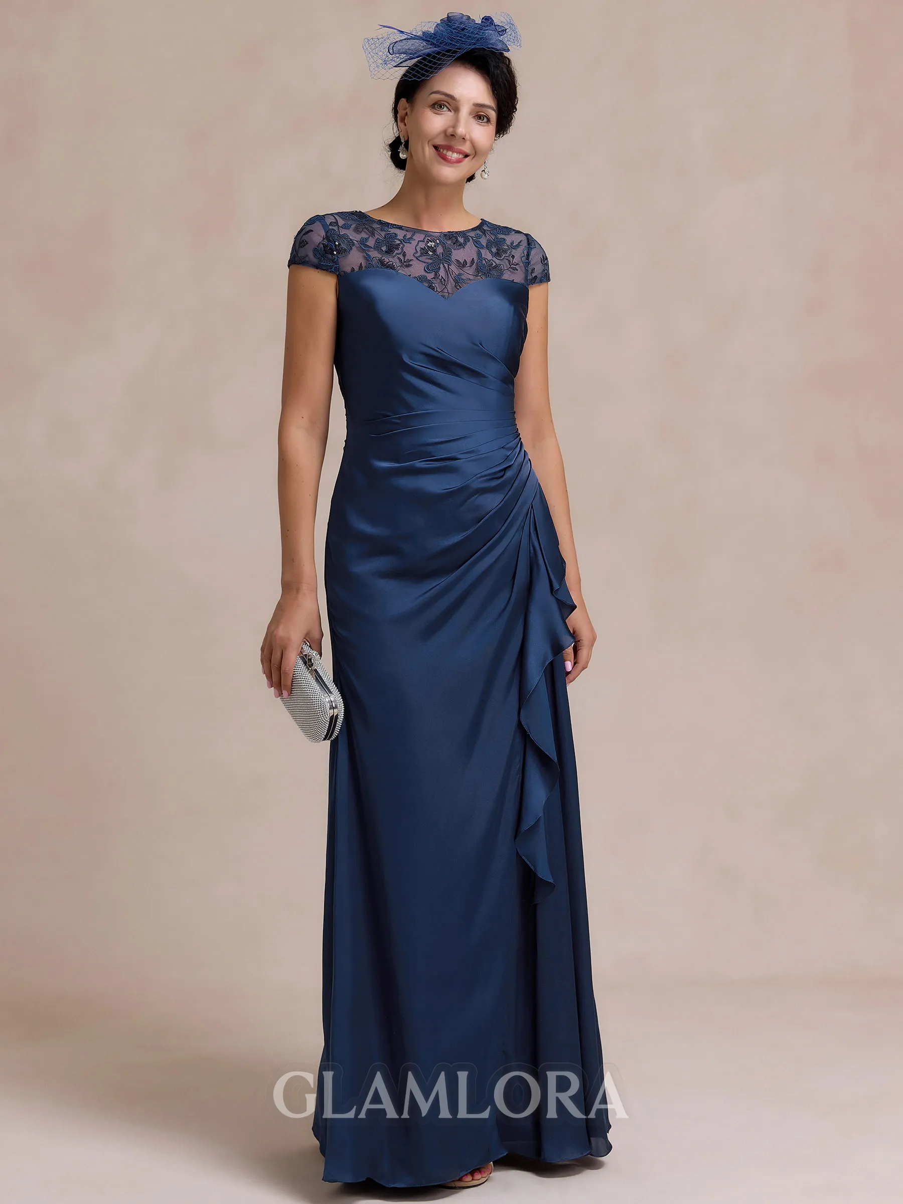 Tasteful Sheath Scoop Short Sleeves Appliques Lace Floor-Length Satin Chiffon Mother of the Bride Dress