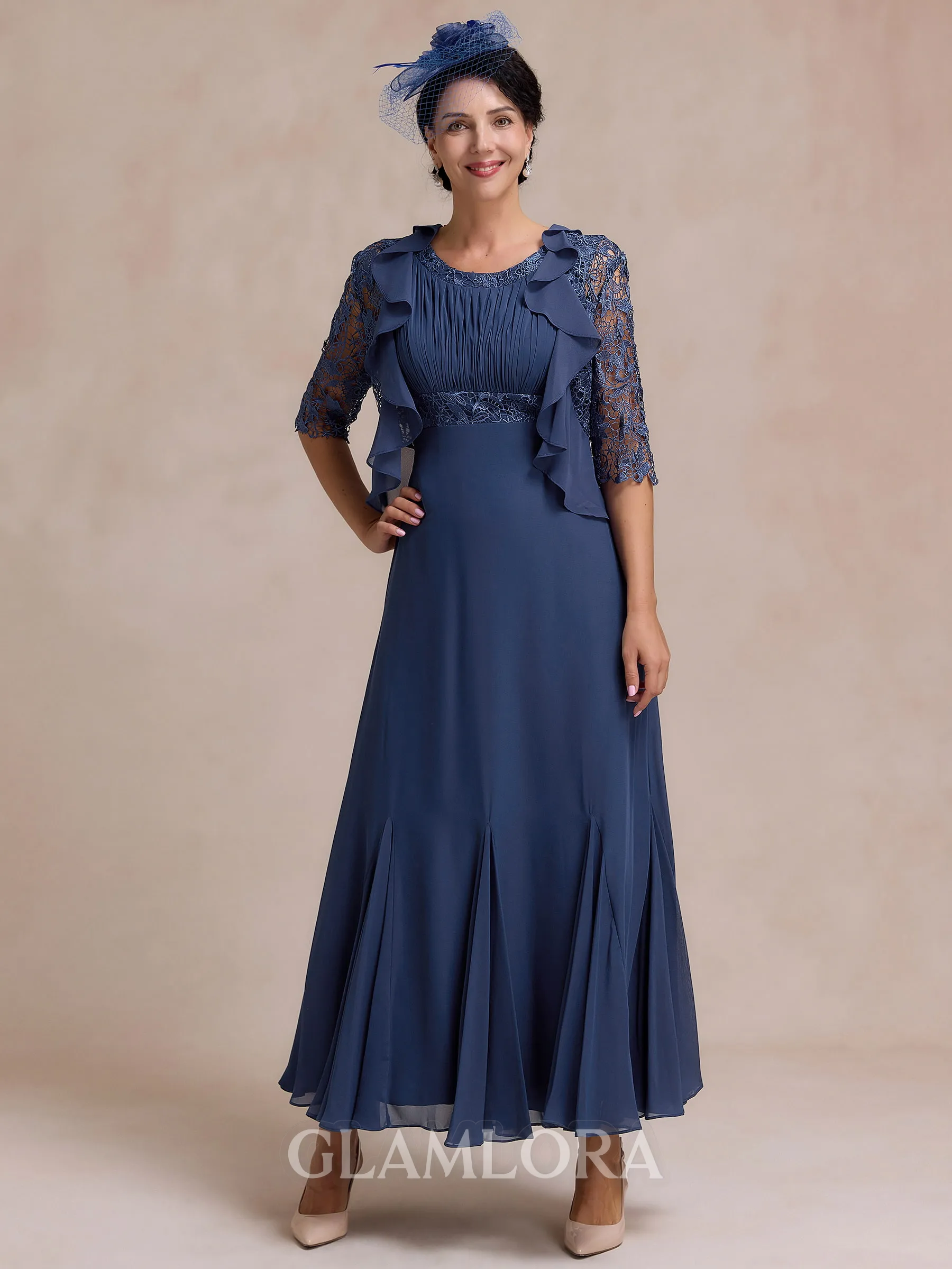 Refined A-line Scoop Appliques Lace Ankle-Length Chiffon Mother of the Bride Dress