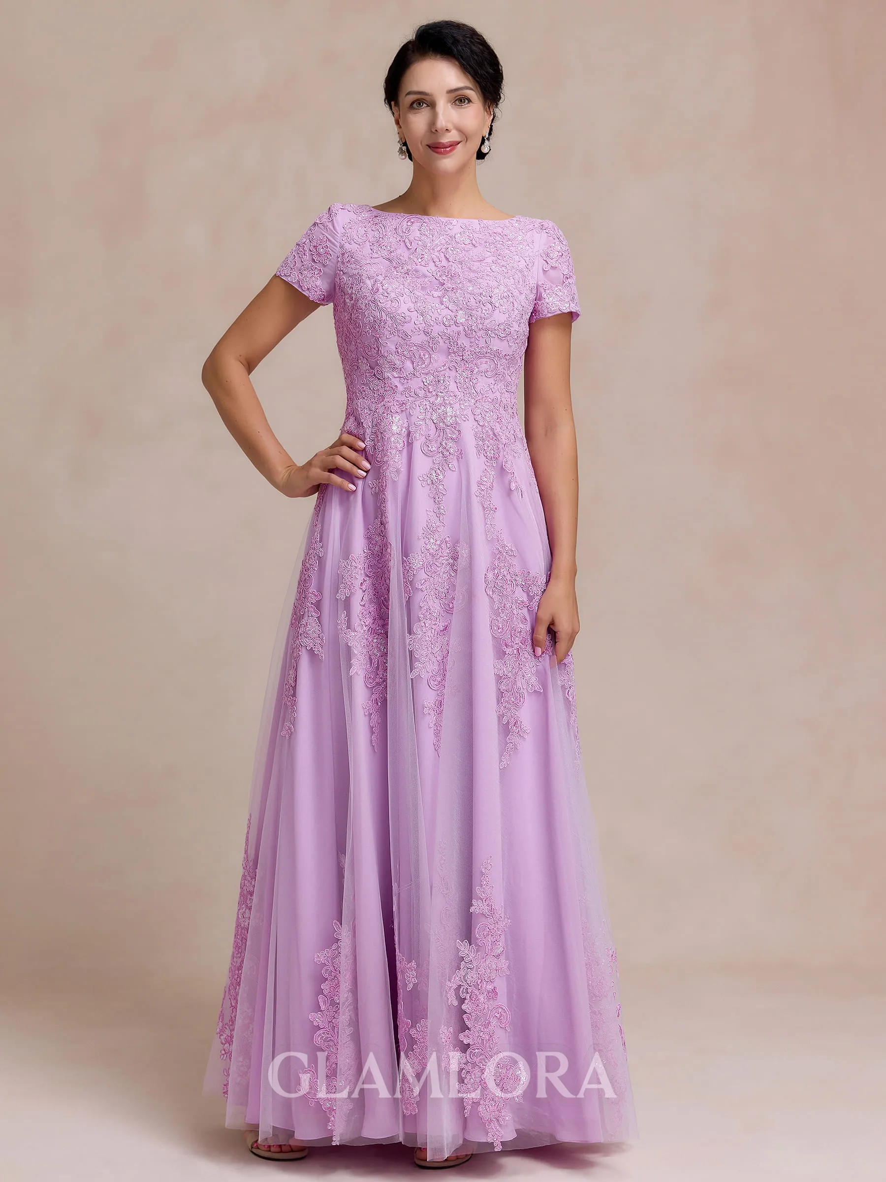 Immaculate A-line Scoop Short Sleeves Appliques Lace Floor-Length Tulle Mother of the Bride Dress
