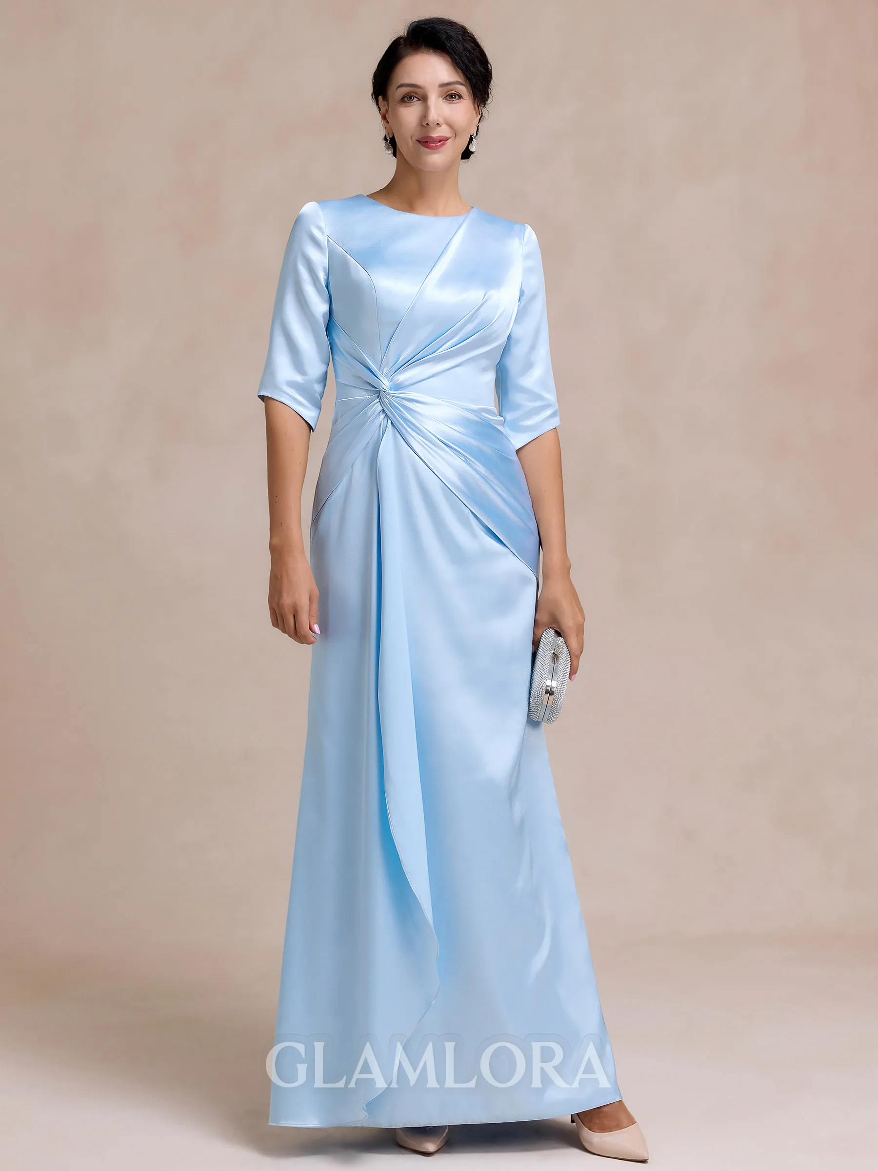 Glamorous Sheath Scoop 1/2 Sleeves Pleated Floor-Length Silk like Satin Mother of the Bride Dress