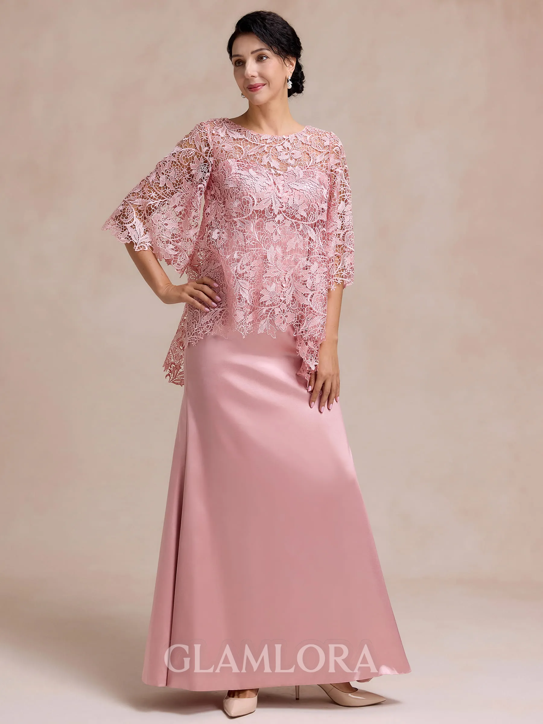 Understated Sheath Scoop 3/4 Sleeves Appliques Lace Floor-Length Silk like Satin Mother of the Bride Dress