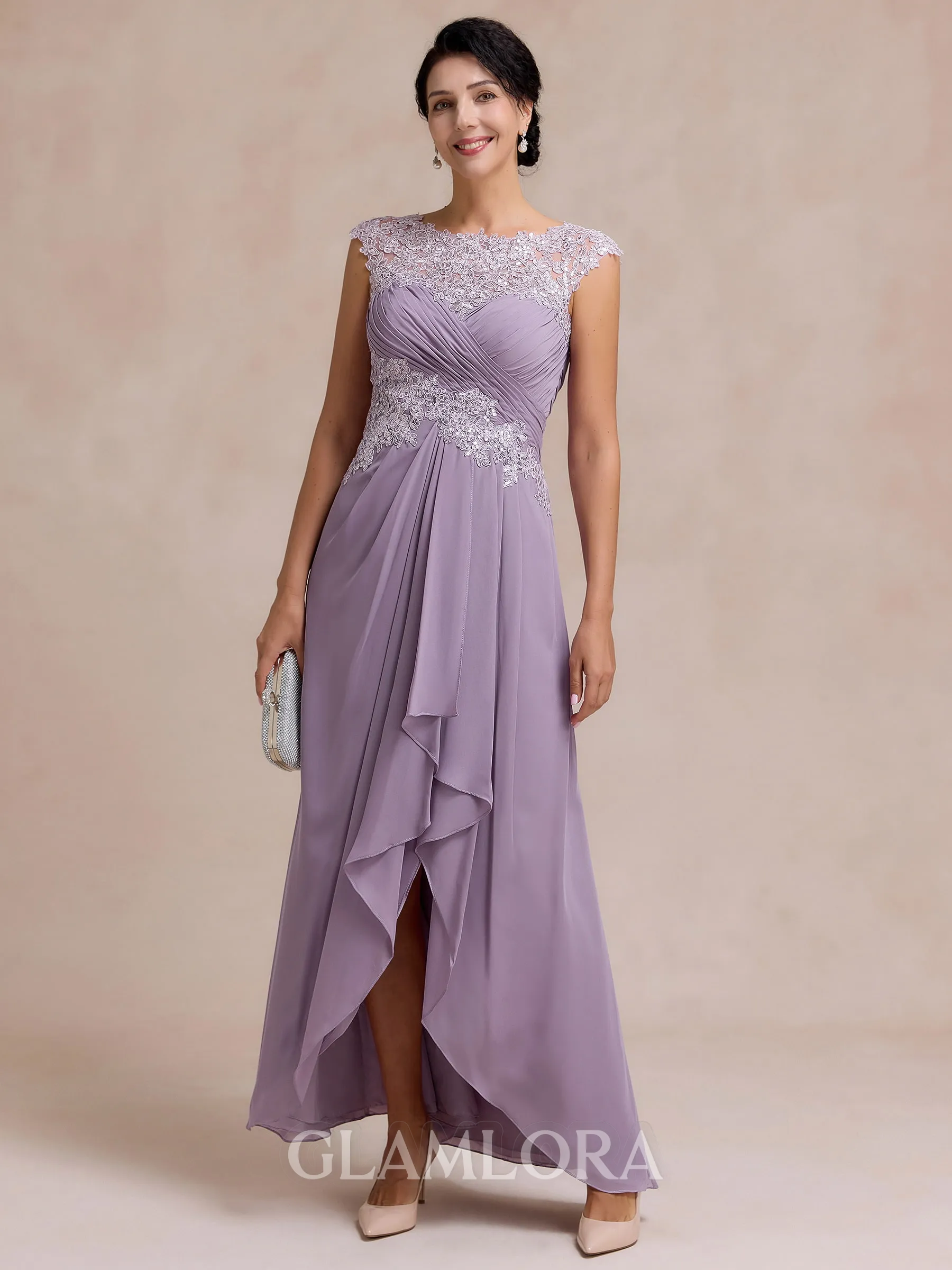 Radiant A-line Scoop Appliques Lace Asymmetrical Chiffon Mother of the Bride Dress