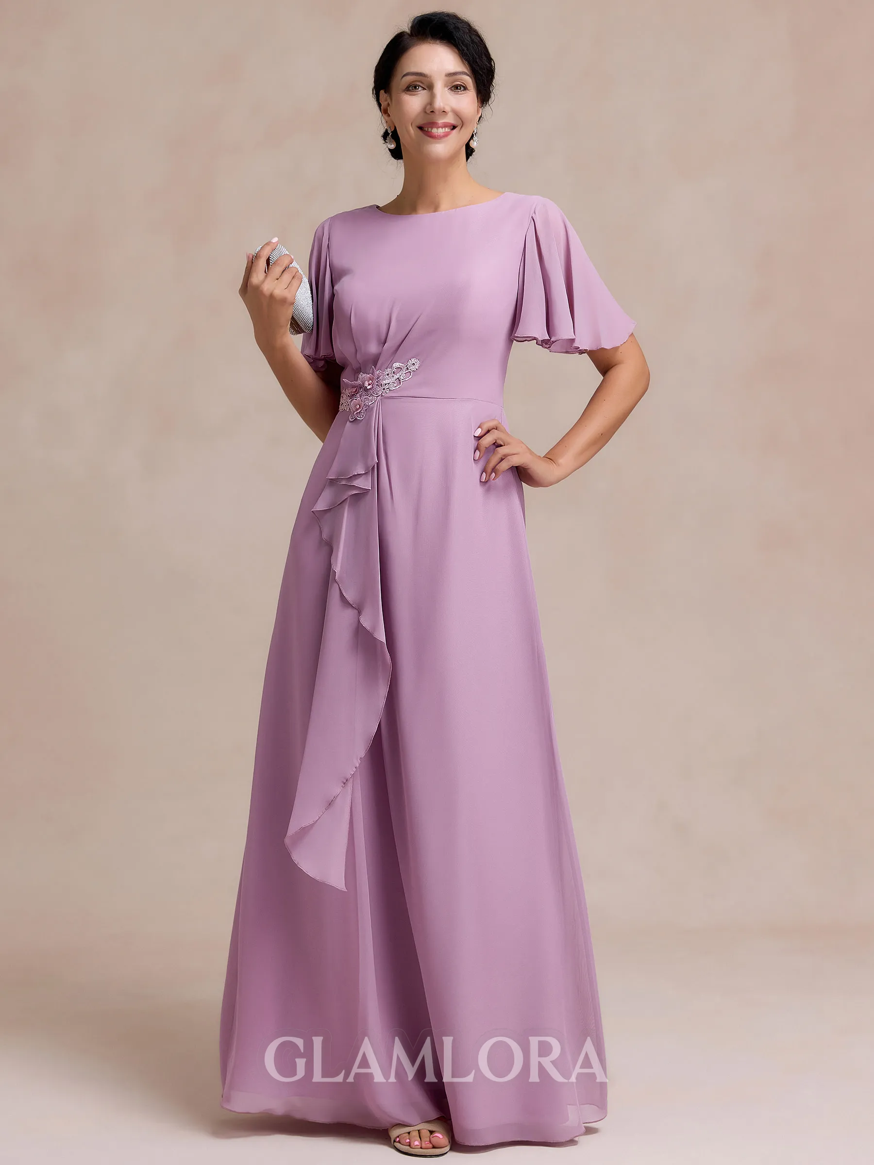 Statuesque A-line Scoop Short Sleeves Appliques Lace Floor-Length Chiffon Mother of the Bride Dress