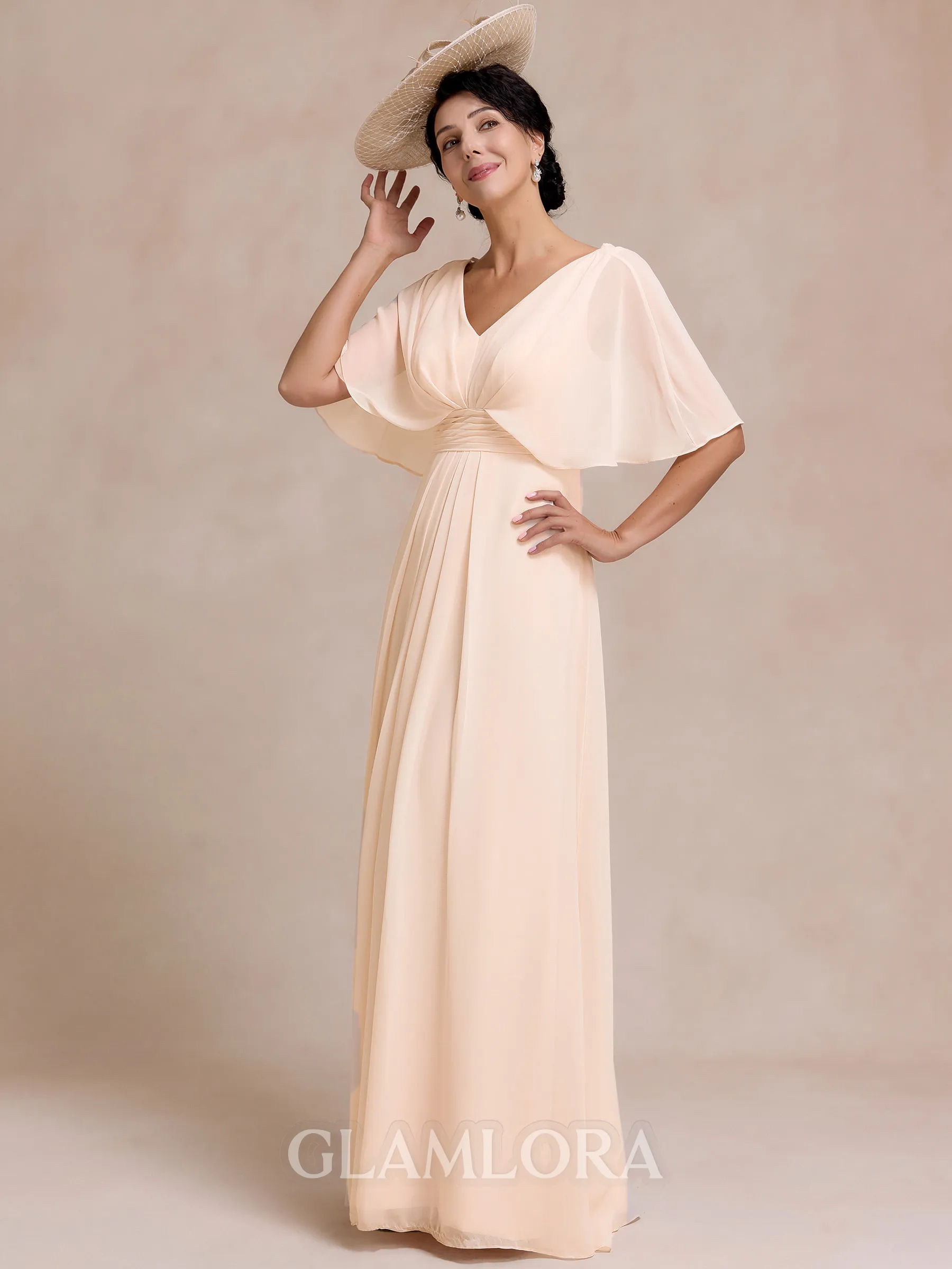 Refined A-line V-Neck 1/2 Sleeves Pleated Floor-Length Chiffon Mother of the Bride Dress