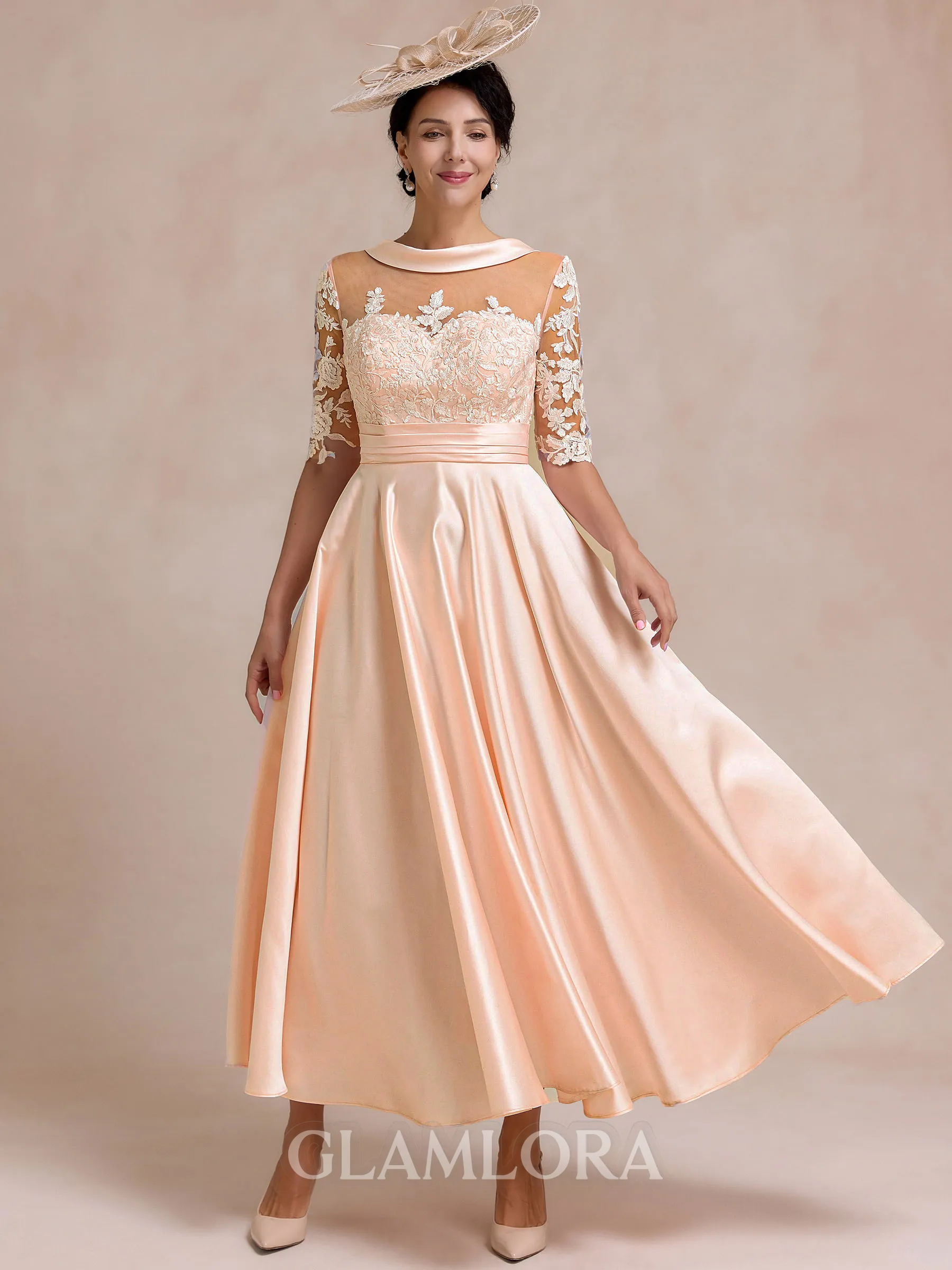 Elegant A-line Scoop 1/2 Sleeves Appliques Lace Ankle-Length Satin Mother of the Bride Dress
