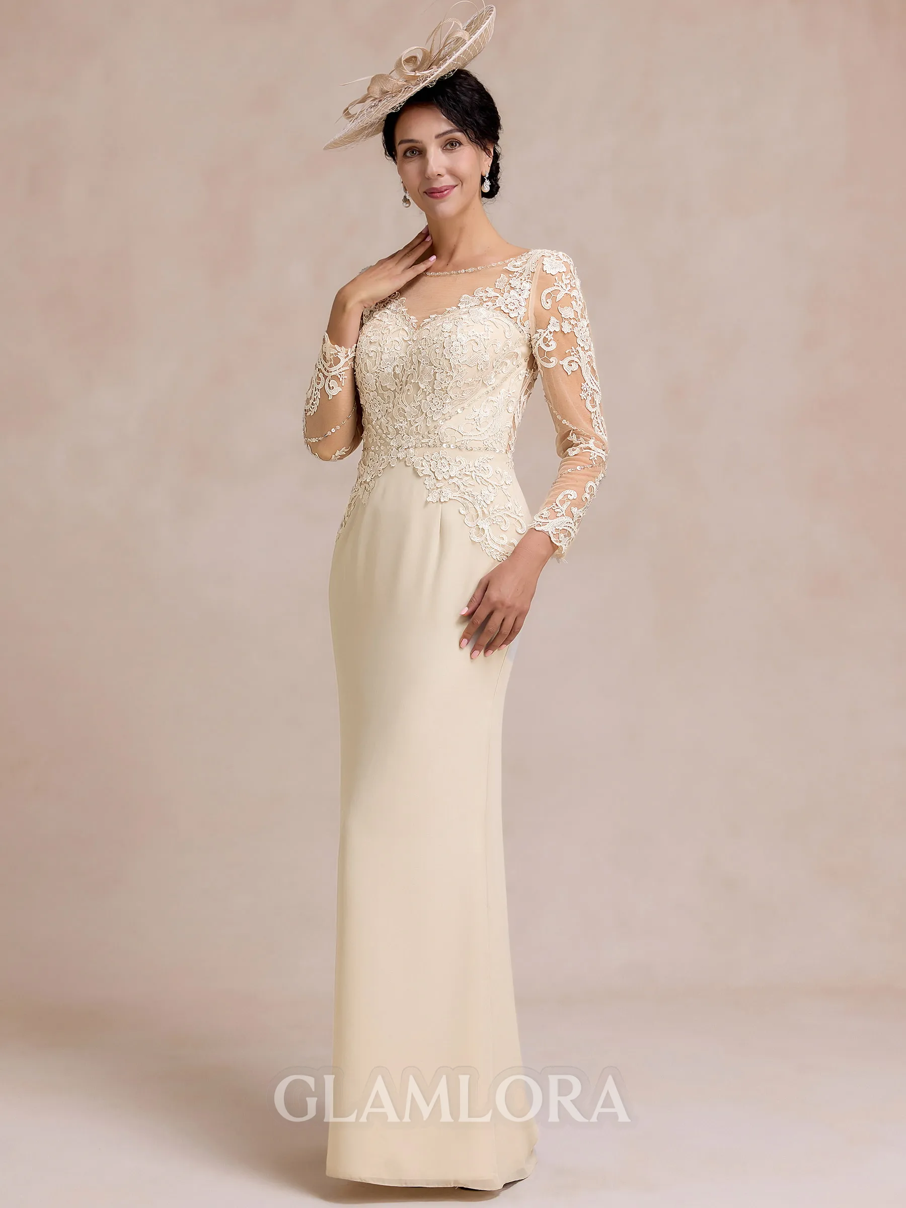 Gorgeous Sheath Scoop Long Sleeves Appliques Lace Floor-Length Chiffon Mother of the Bride Dress