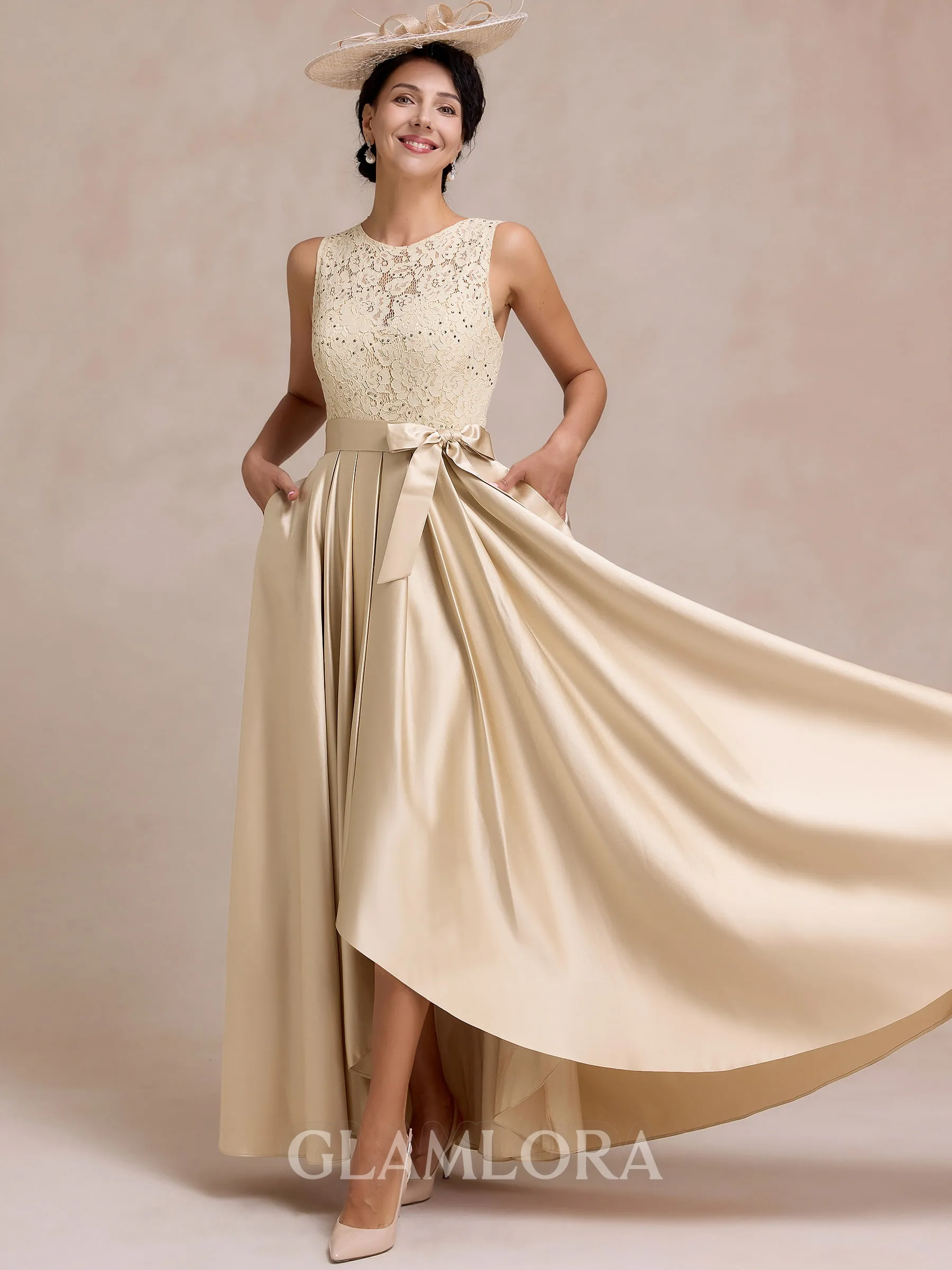 Polished A-line Scoop Appliques Lace Asymmetrical Satin Mother of the Bride Dress