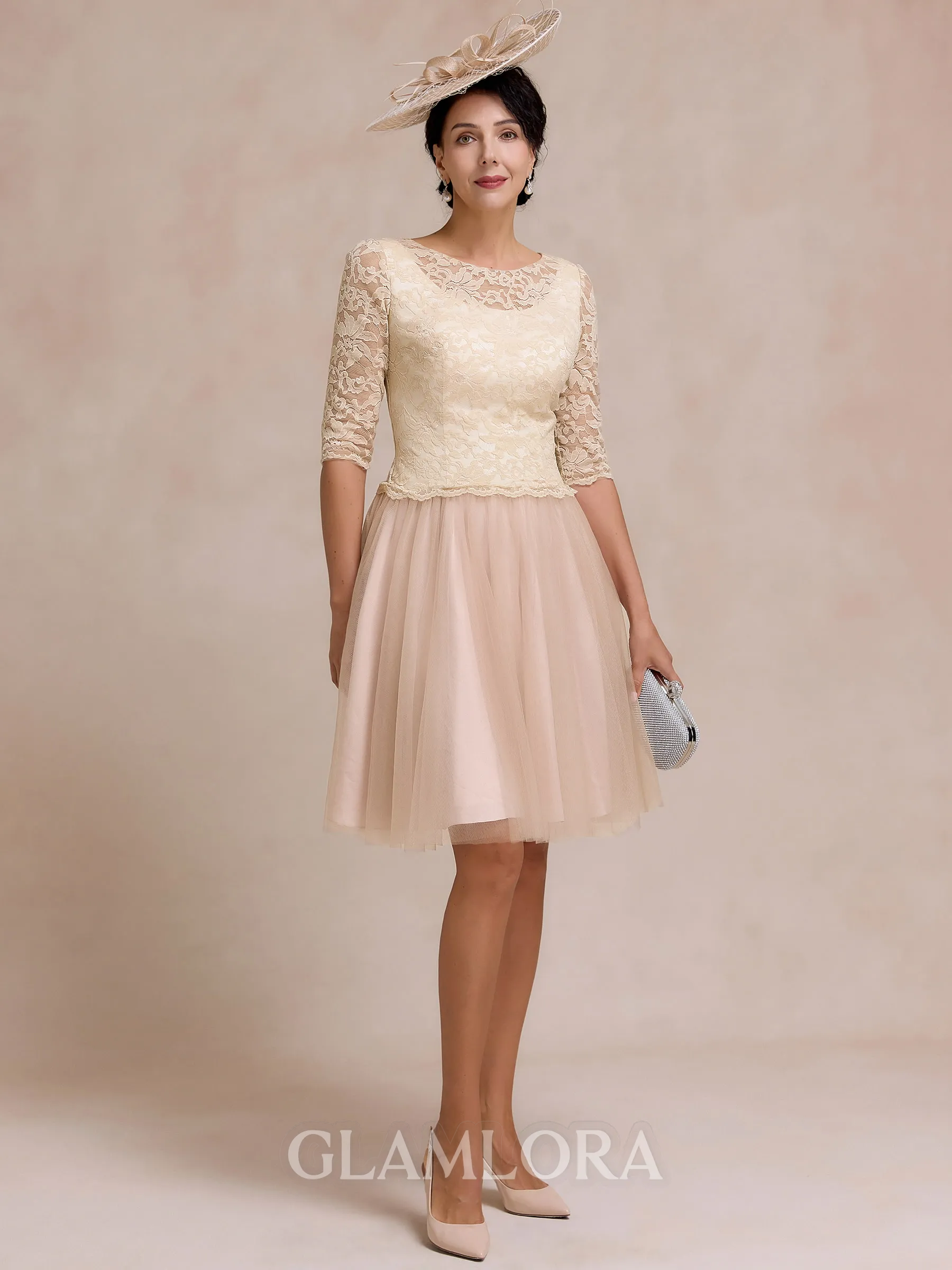 Stunning A-line Scoop 3/4 Sleeves Appliques Lace Knee-Length Tulle Mother of the Bride Dress