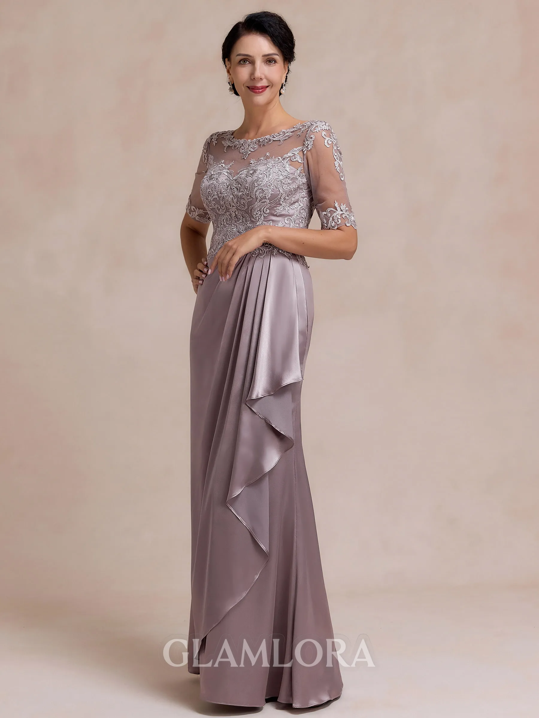 Stunning Sheath Scoop 1/2 Sleeves Appliques Lace Floor-Length Silk Like Satin Mother of the Bride Dress