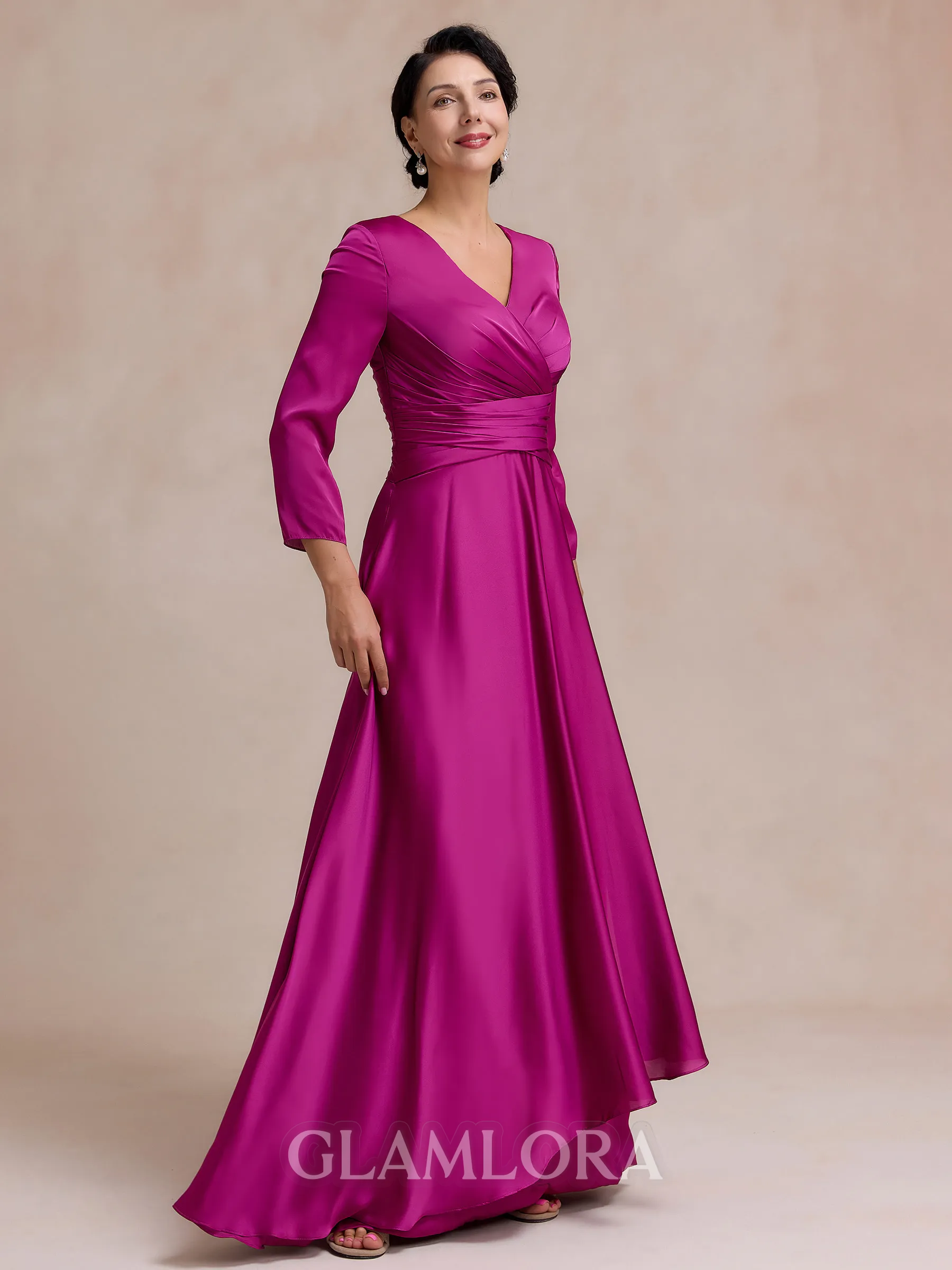 Flattering A-line V-Neck 3/4 Sleeves Pleated Floor-Length Satin Chiffon Mother of the Bride Dress