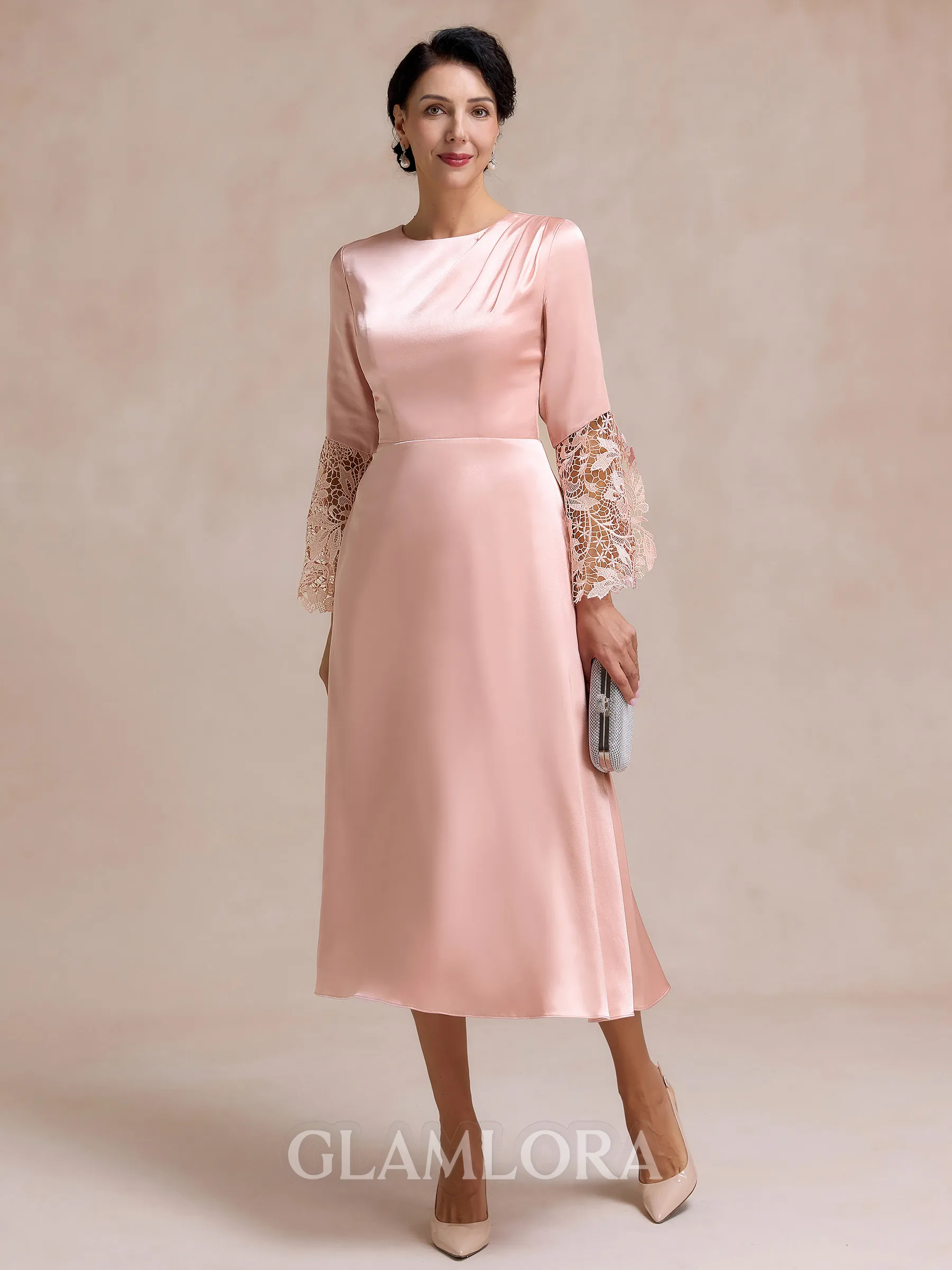 Chic A-line Scoop Long Sleeves Appliques Lace Tea-Length Silk like Satin Mother of the Bride Dress