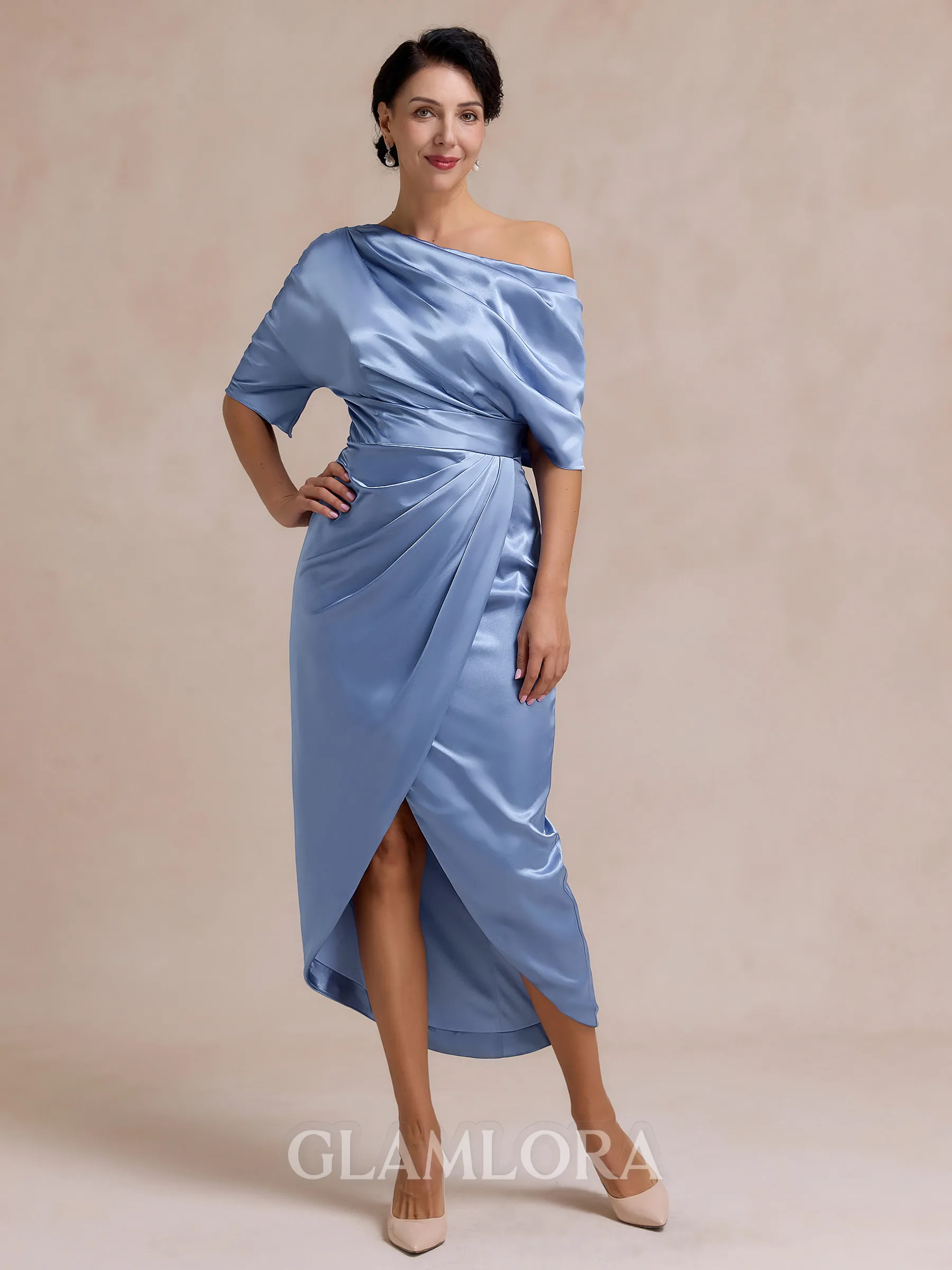 Timeless Sheath Short Sleeves Pleated Ankle-Length Silk Like Satin Mother of the Bride Dress