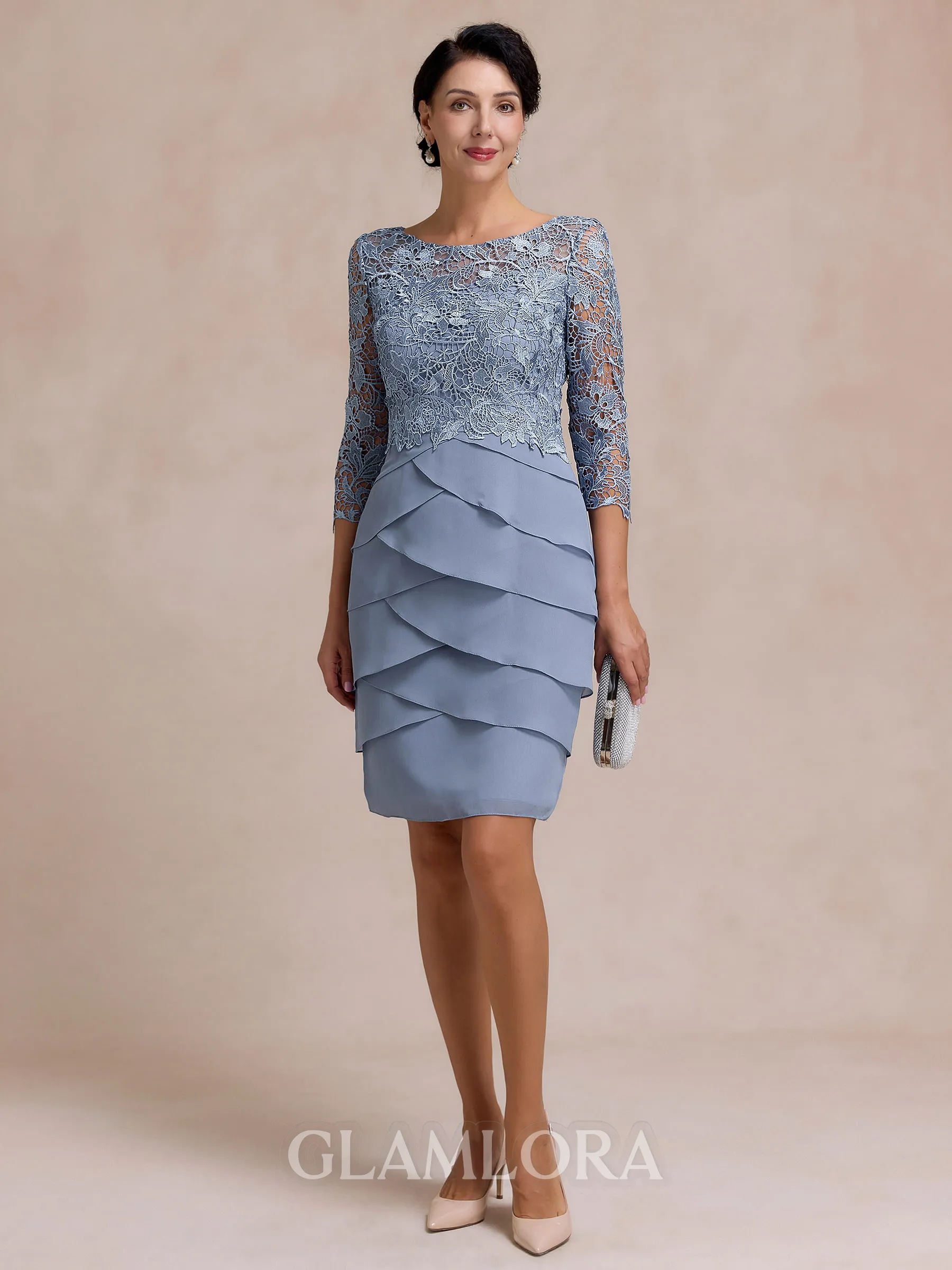 Impeccable Sheath Scoop 3/4 Sleeves Appliques Lace Knee-Length Chiffon Mother of the Bride Dress