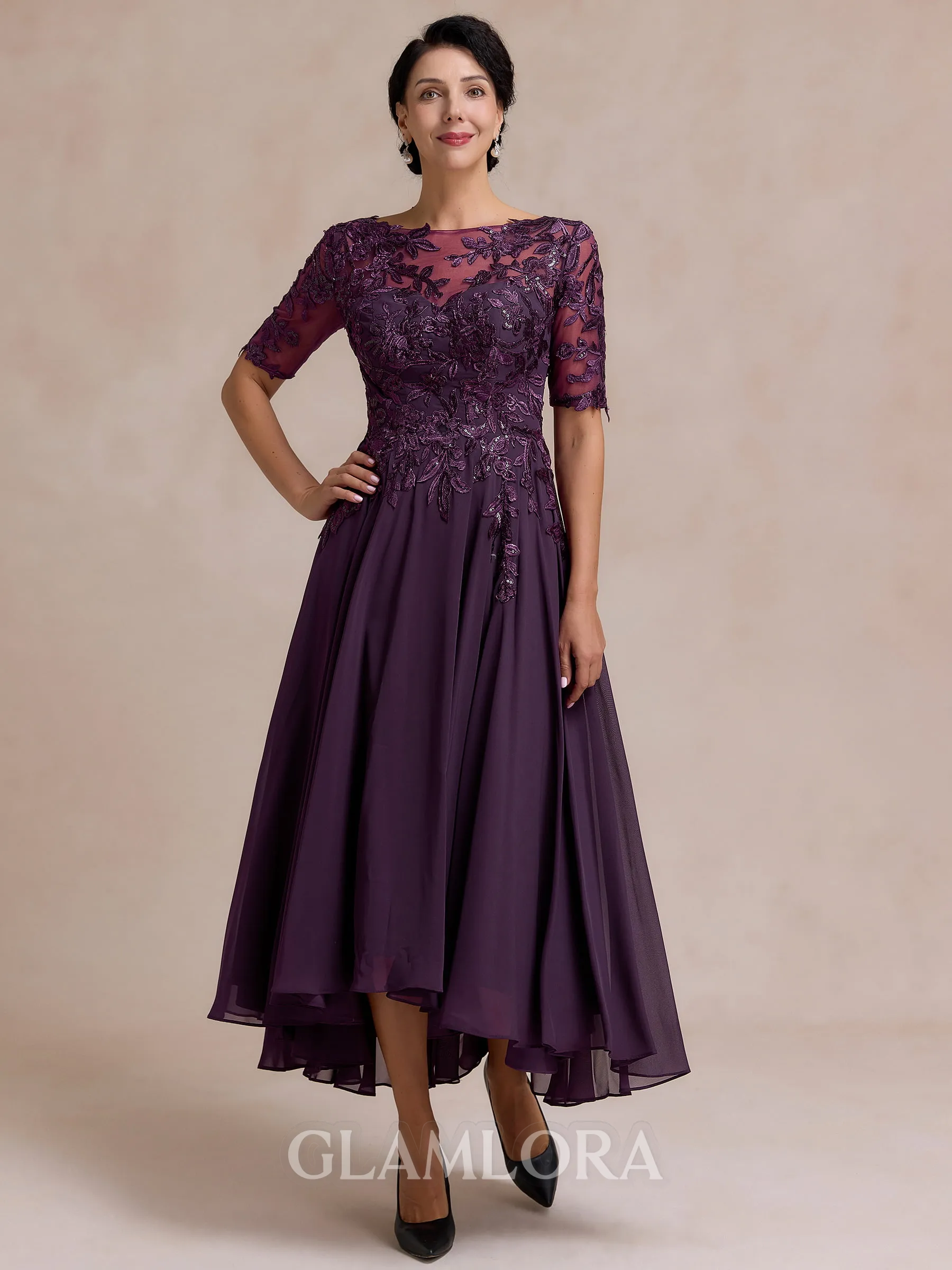 Graceful A-line Scoop 1/2 Sleeves Appliques Lace Asymmetrical Chiffon Mother of the Bride Dress