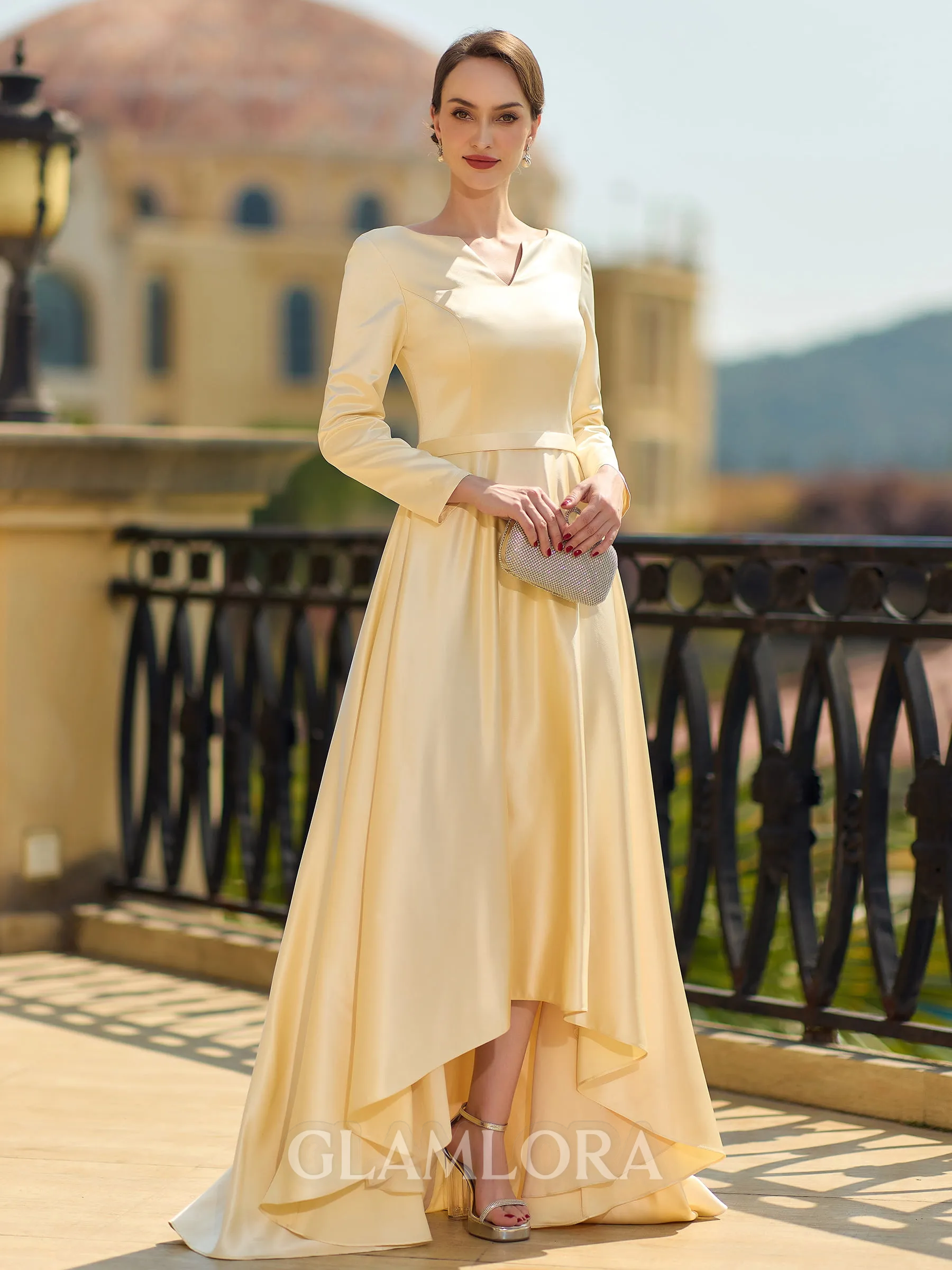 Chic A-line V-Neck Long Sleeves Asymmetrical Charmeuse Mother of the Bride Dress