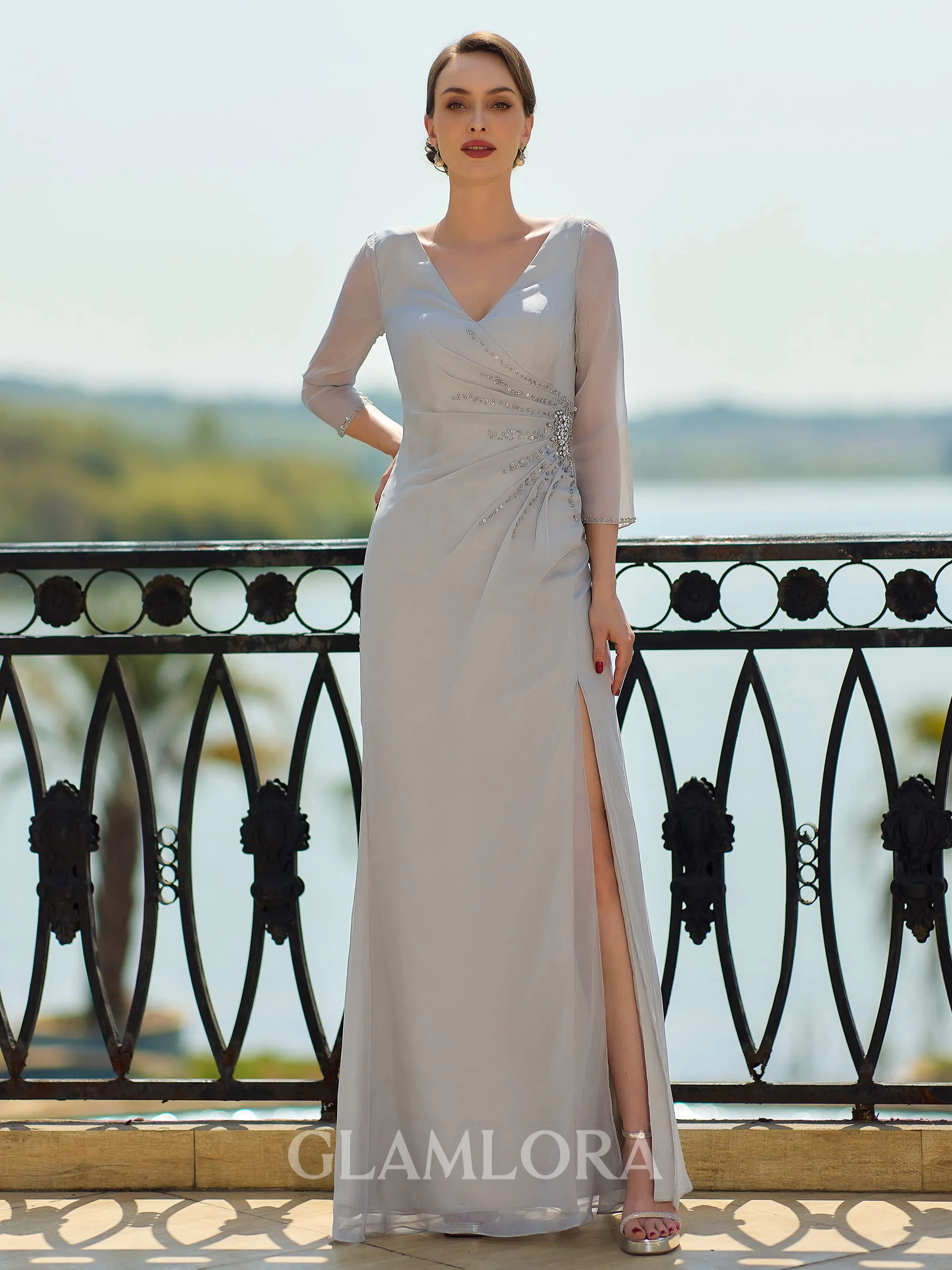 Captivating Sheath/Column 30D Chiffon Beading V-Neck 3/4 Sleeves Floor-Length Mother of the Bride Dresses