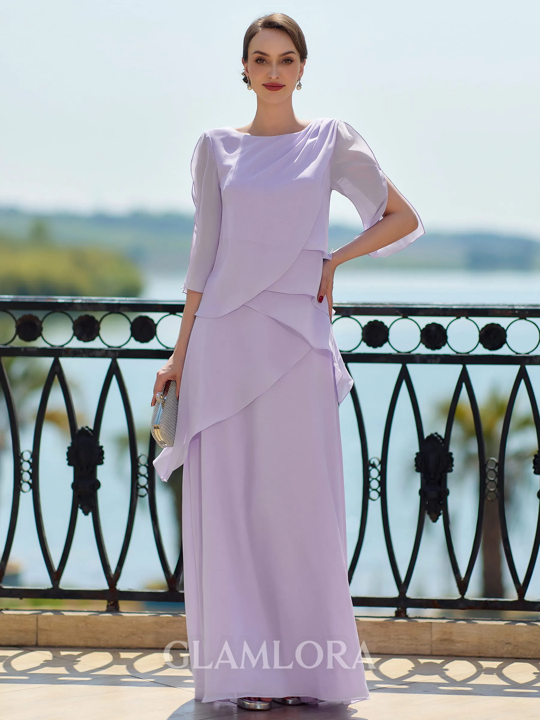 Immaculate Sheath Scoop 3/4 Sleeves Cascading Ruffles Floor-Length Chiffon Mother of the Bride Dress