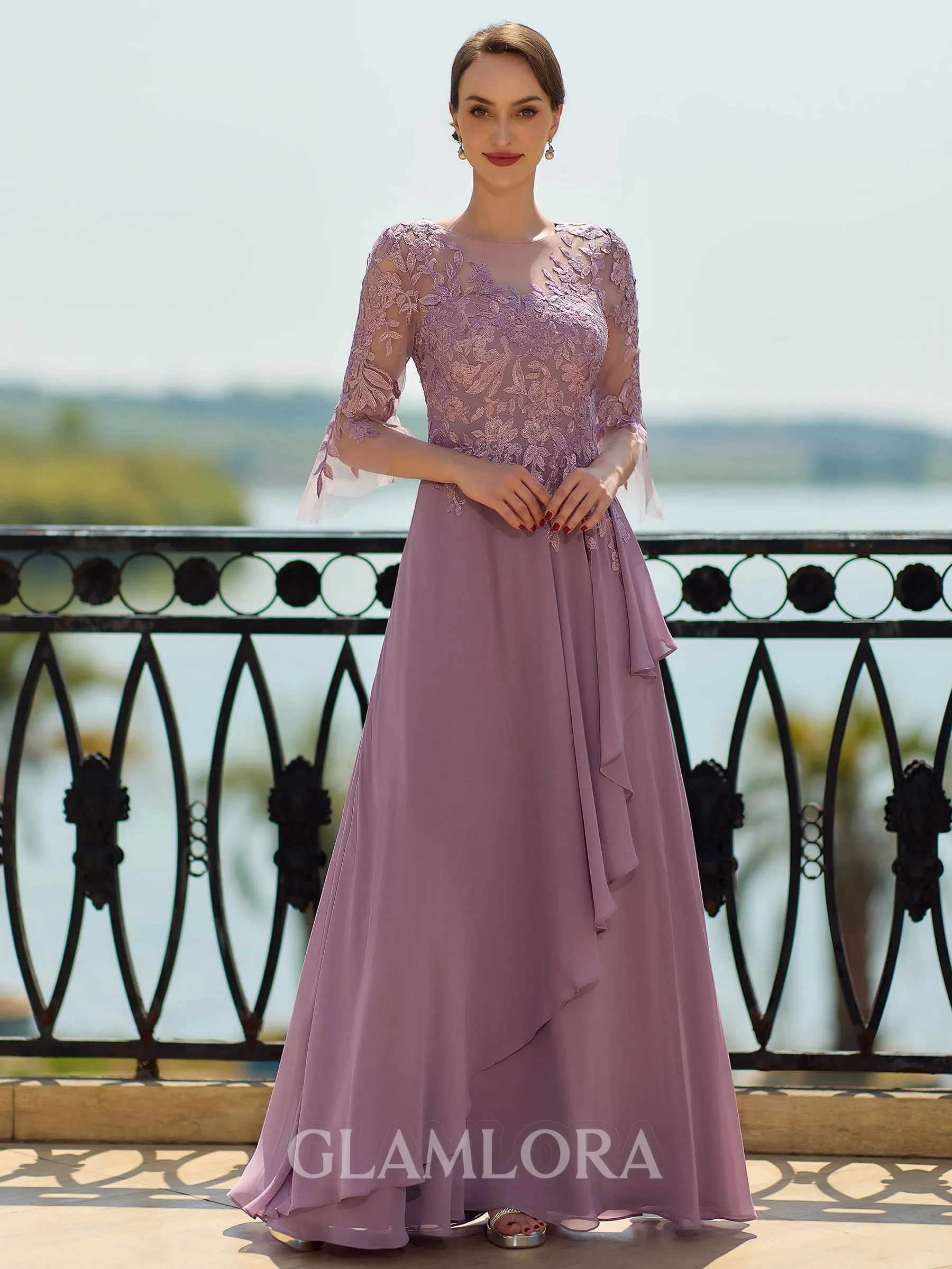 Stunning A-line Scoop 3/4 Sleeves Appliques Lace Floor-Length Chiffon Mother of the Bride Dress