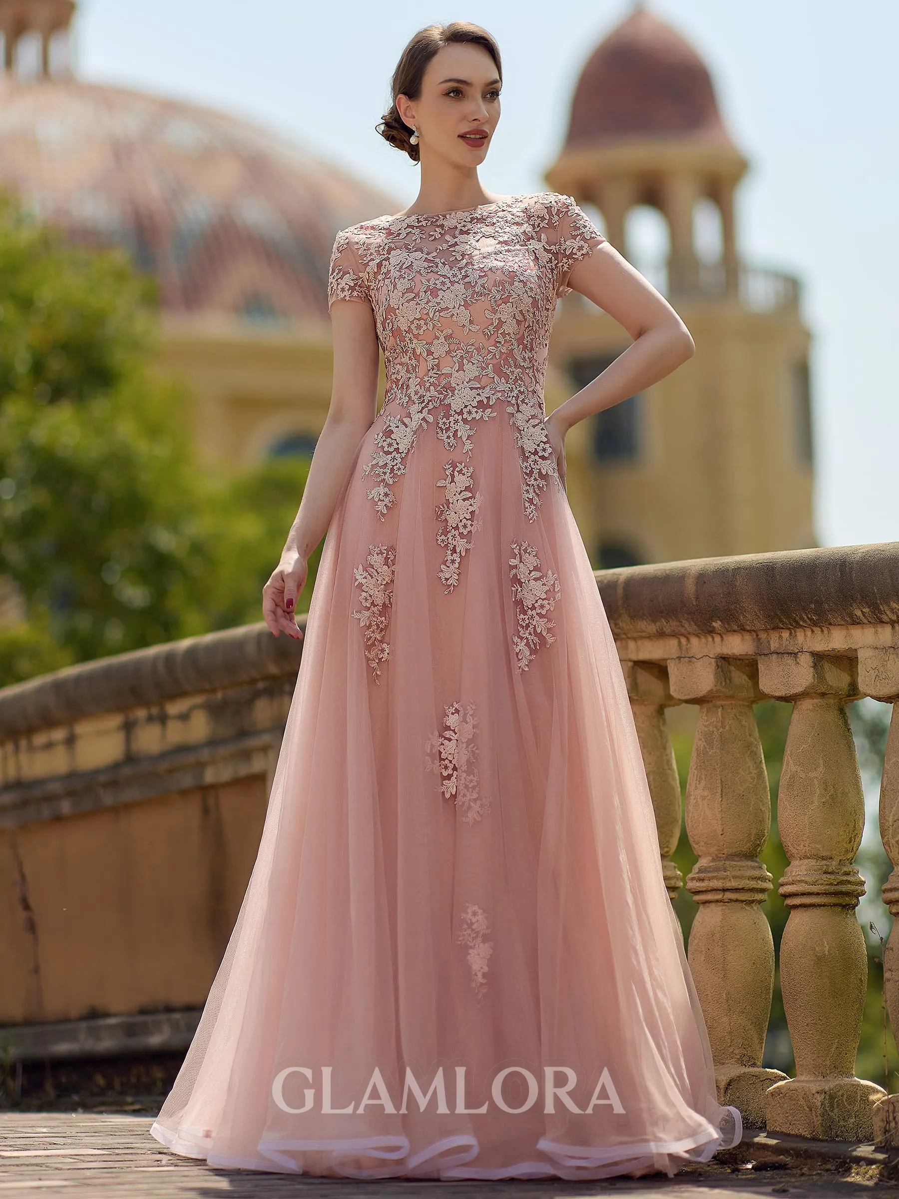 Extravagant A-Line/Princess Tulle Applique Bateau Short Sleeves Floor-Length Mother of the Bride Dress