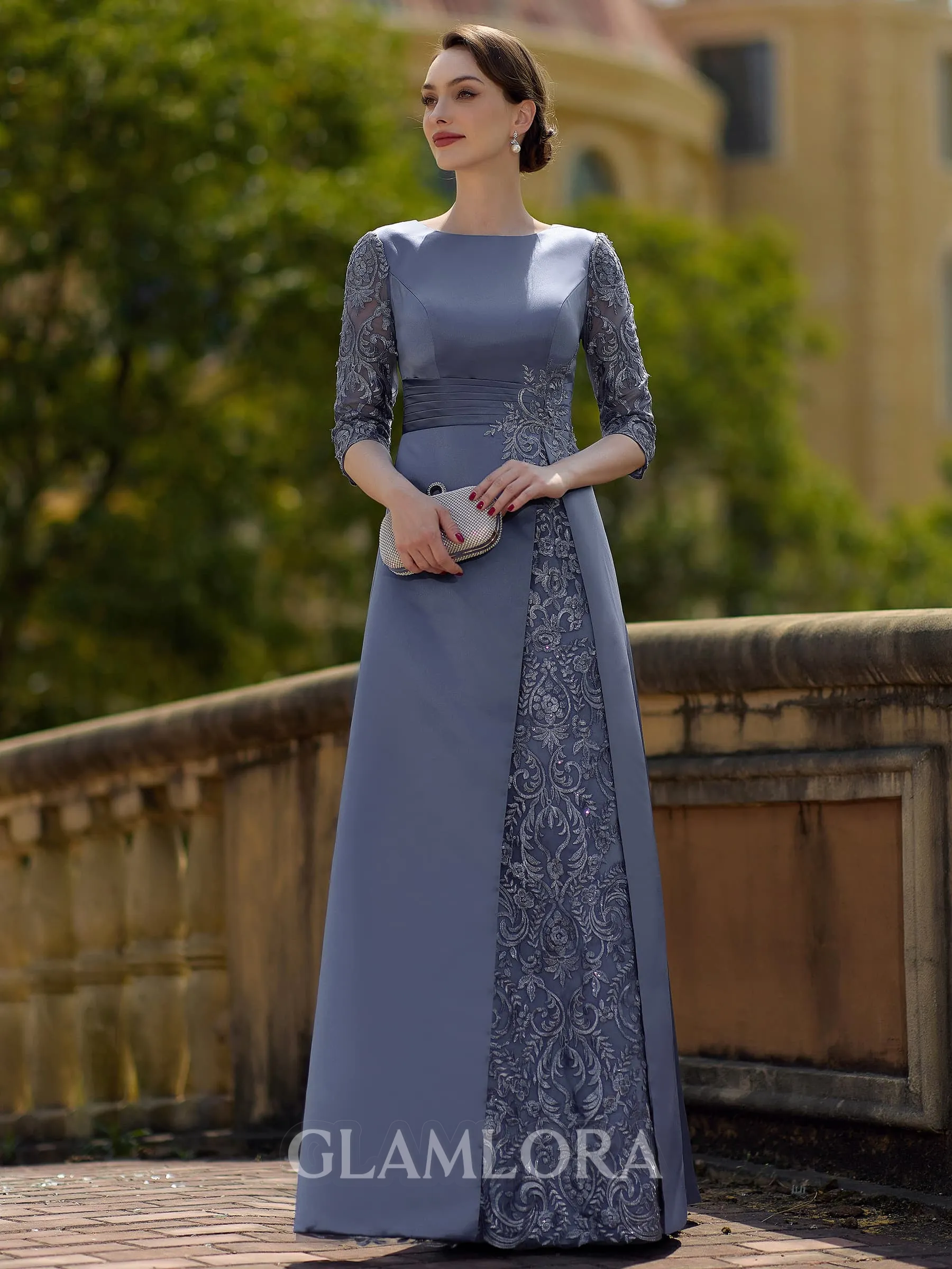 Stylish Sheath Scoop 3/4 Sleeves Appliques Lace Floor-Length Satin Mother of the Bride Dress