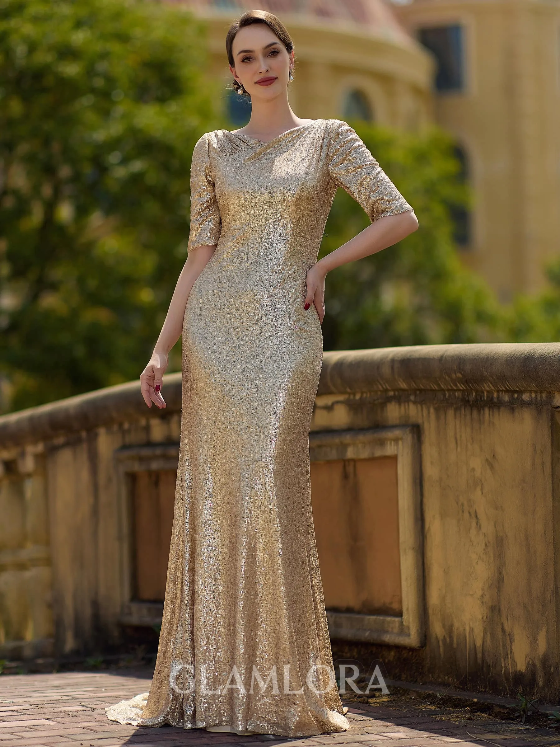 Breathtaking Sheath/Column Sequins Ruched 1/2 Sleeves Sweep Train Mother of the Bride Dresses