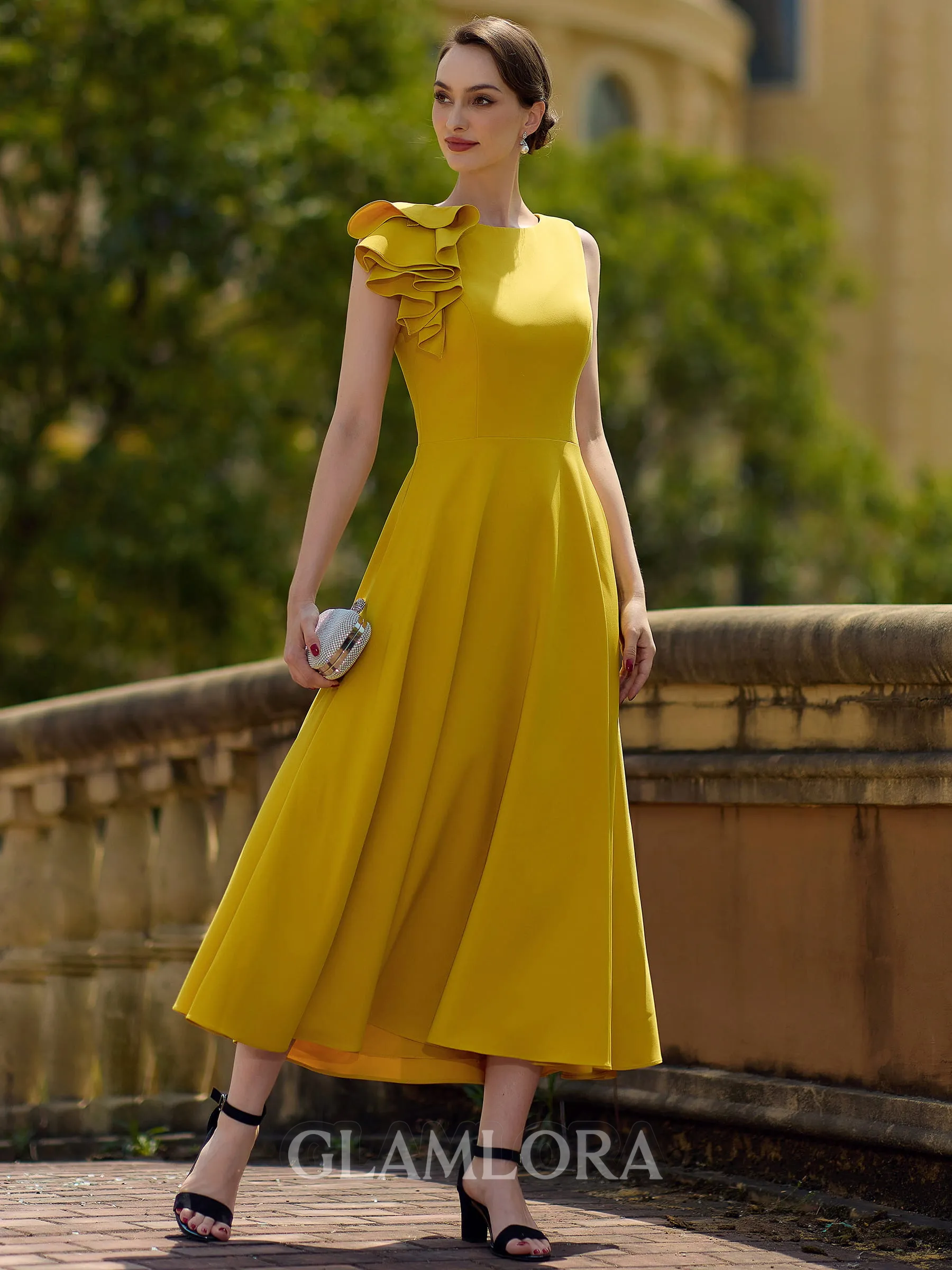 Understated A-line One-Shoulder Ruffles Tea-Length Stretch Crepe Mother of the Bride Dress