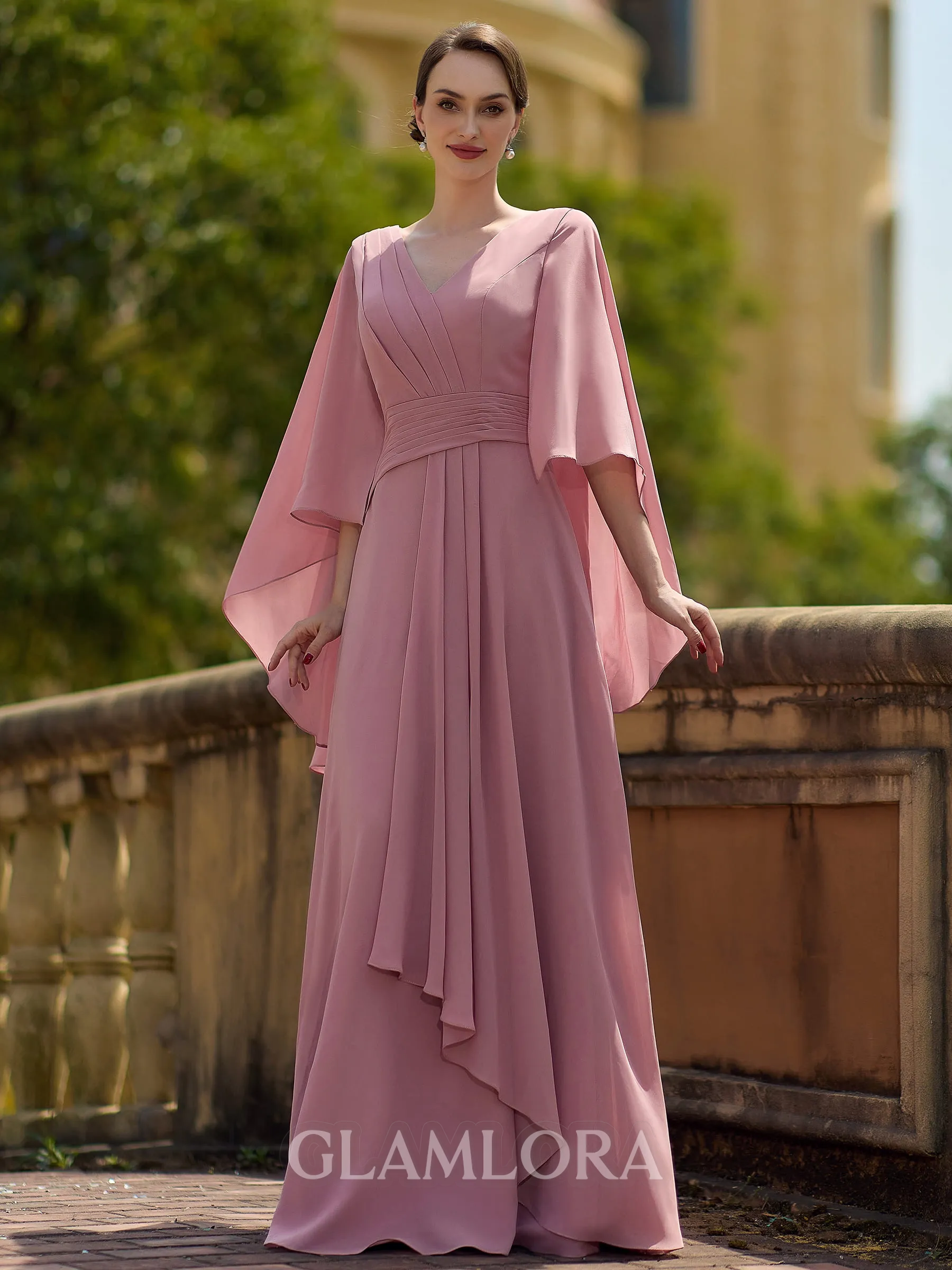 Luxurious A-Line/Princess Chiffon Ruched V-Neck 3/4 Sleeves Floor-Length Mother of the Bride Dresses