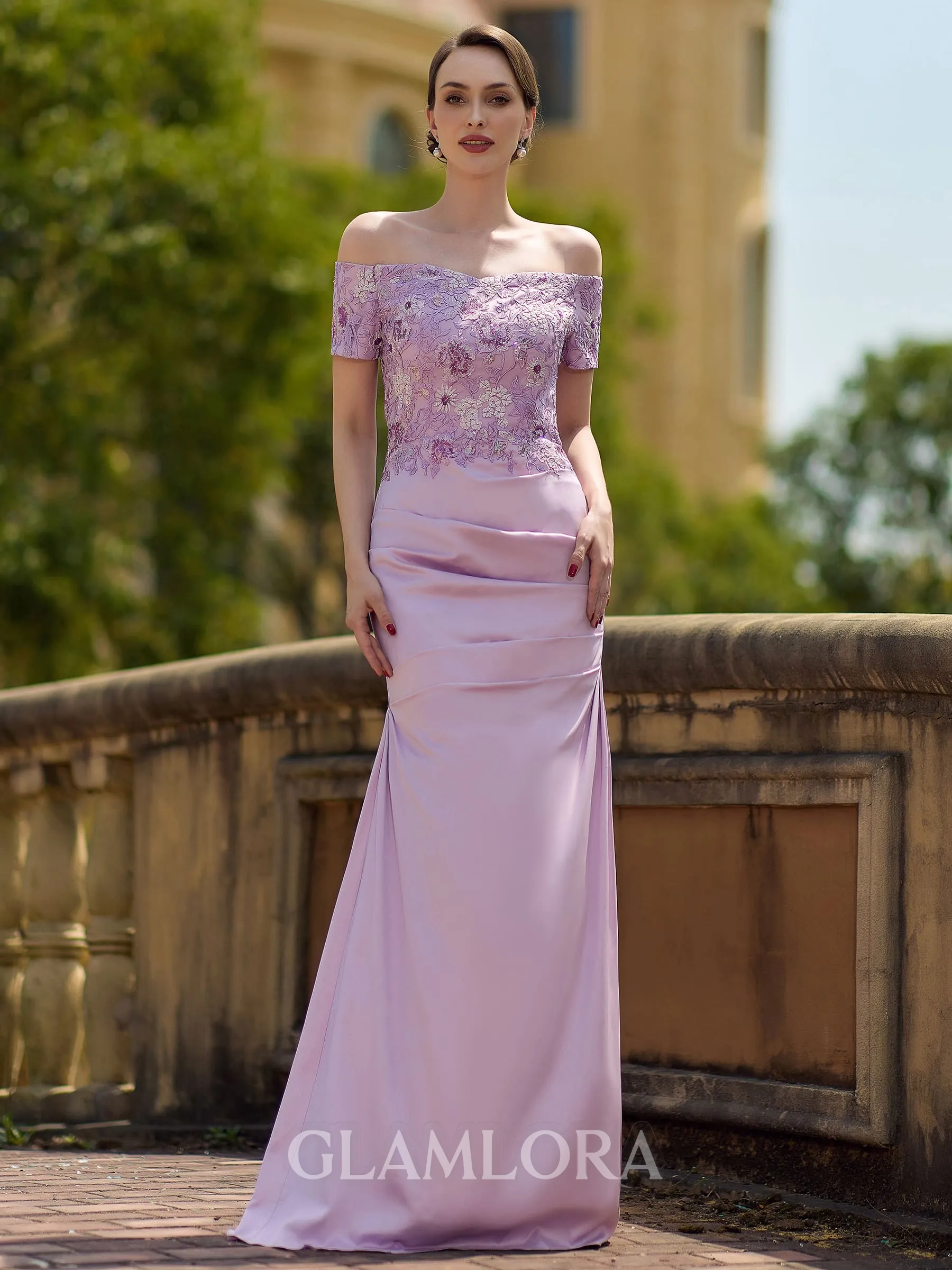 Aristocratic Sheath/Column Charmeuse Ruched Off-the-Shoulder Short Sleeves Floor-Length Mother of the Bride Dresses