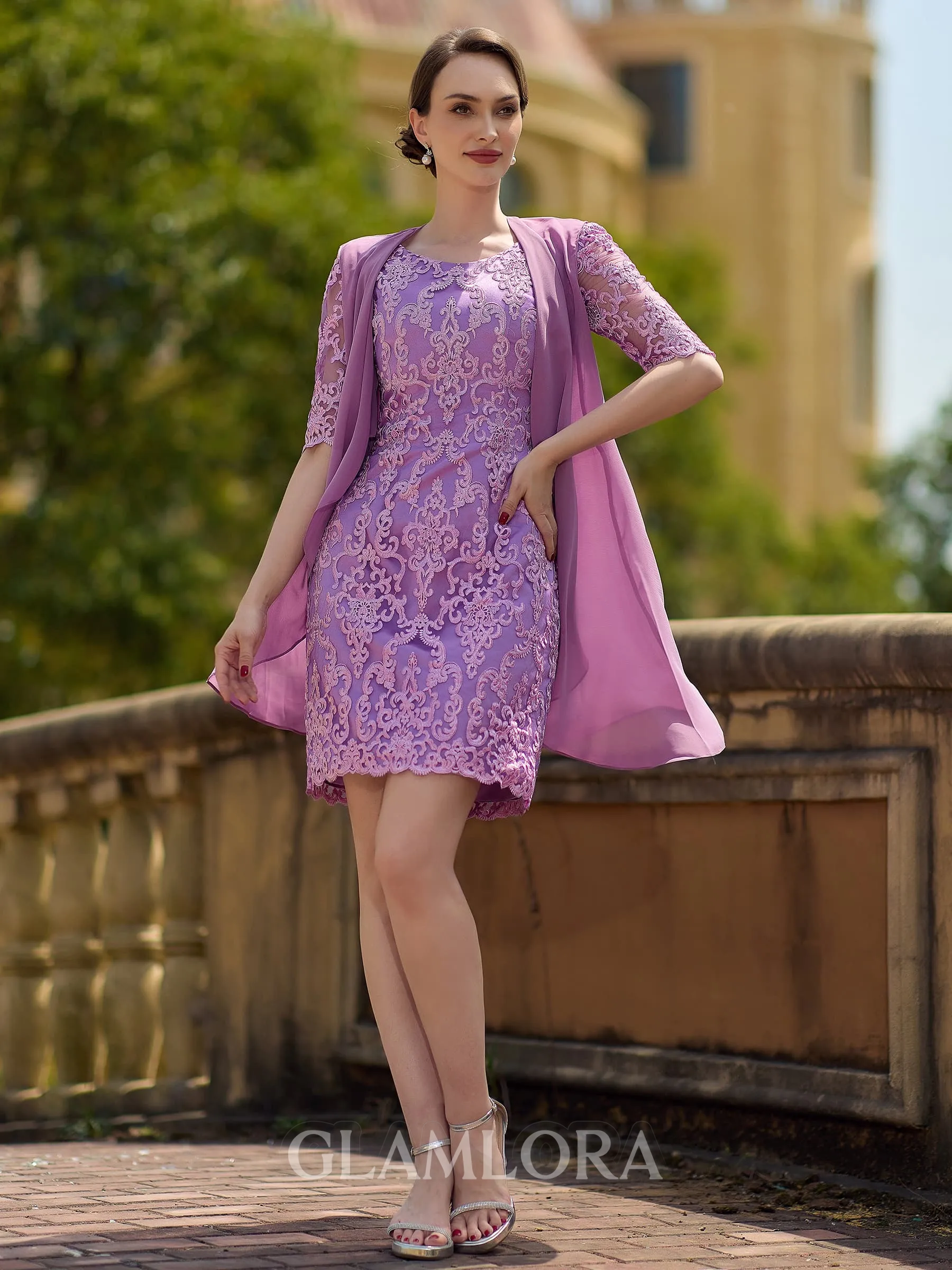 Delicate Sheath/Column Lace V-Neck 1/2 Sleeves Short/Mini Mother of the Bride Dresses