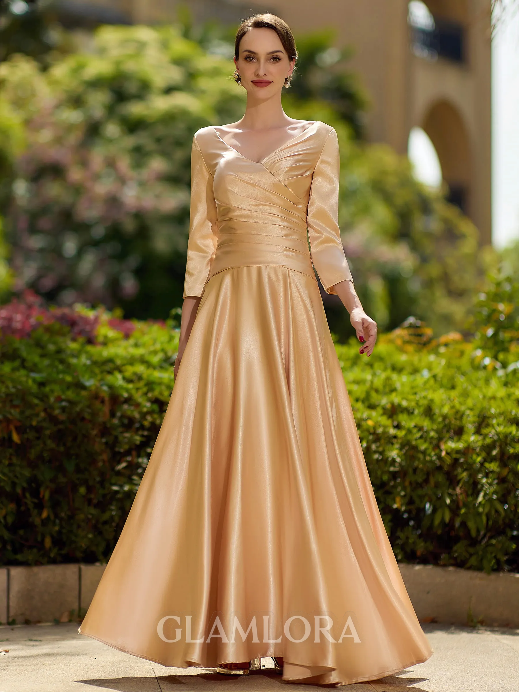 Trendy A-Line/Princess Silk like Satin Ruched V-Neck 3/4 Sleeves Ankle-Length Mother of the Bride Dress