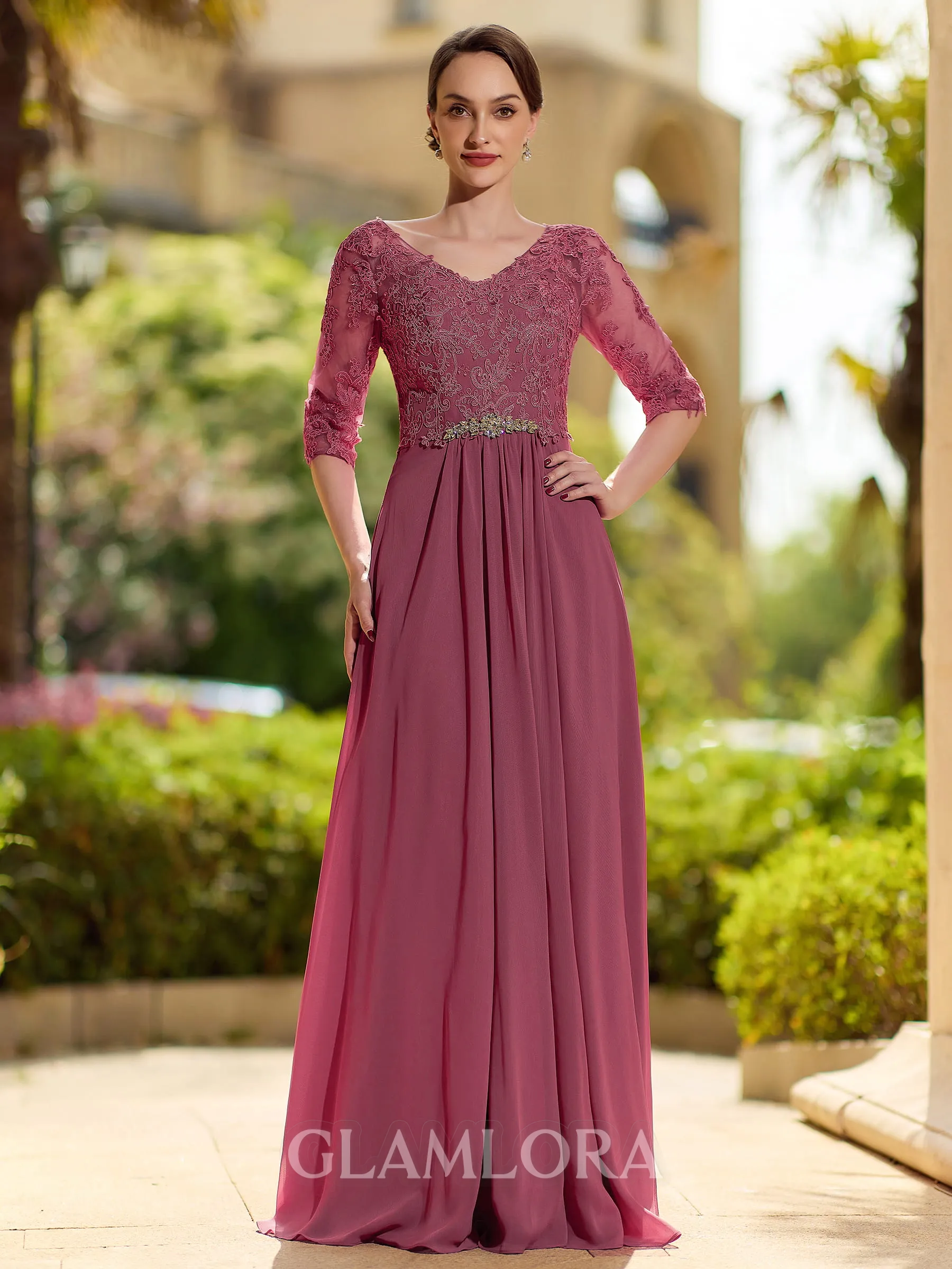 Pretty A-Line/Princess Chiffon Lace V-Neck 3/4 Sleeves Floor-Length Mother of the Bride Dresses