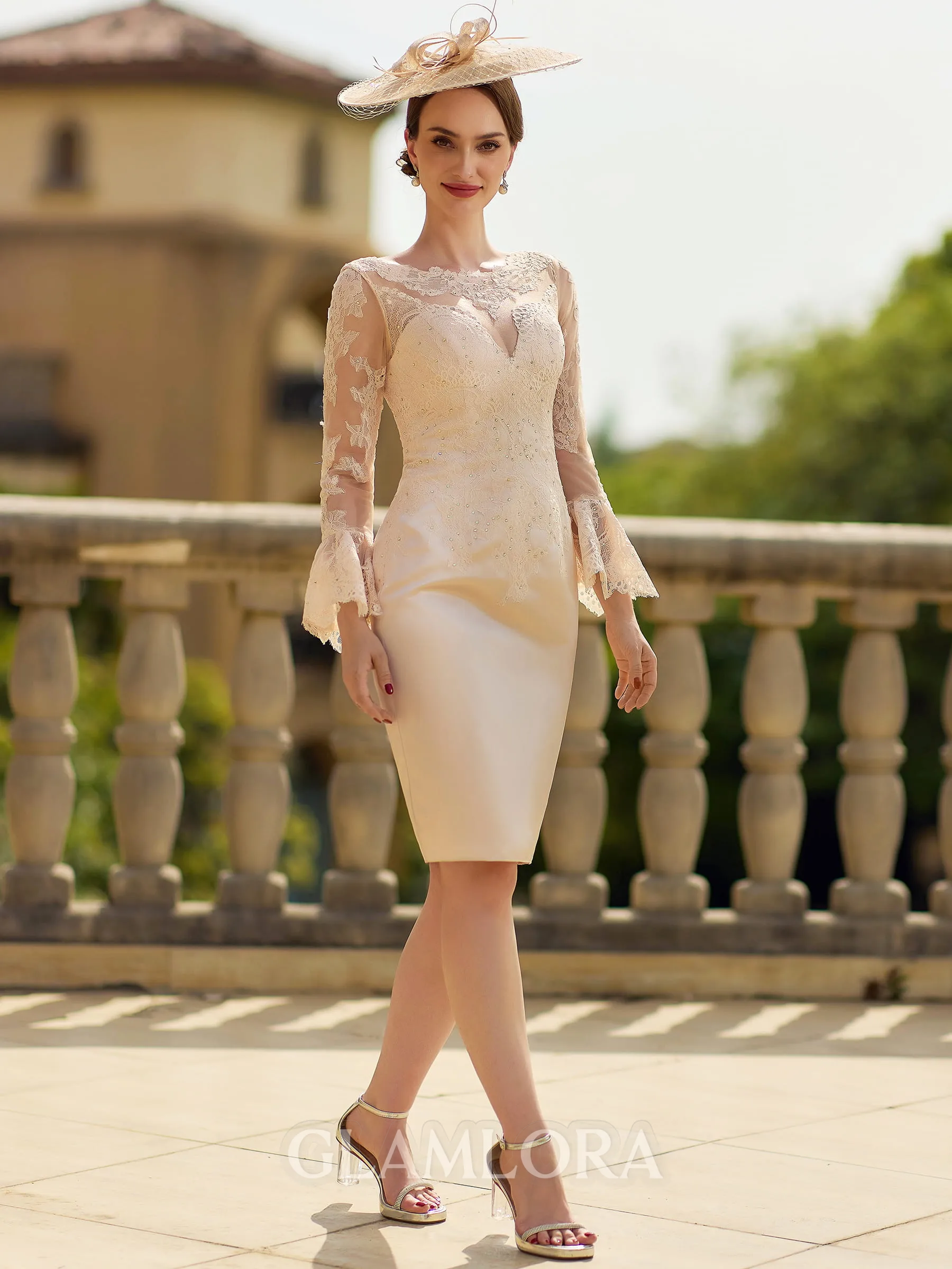 Unique Sheath/Column Satin Lace Scoop Long Sleeves Short/Mini Mother of the Bride Dresses