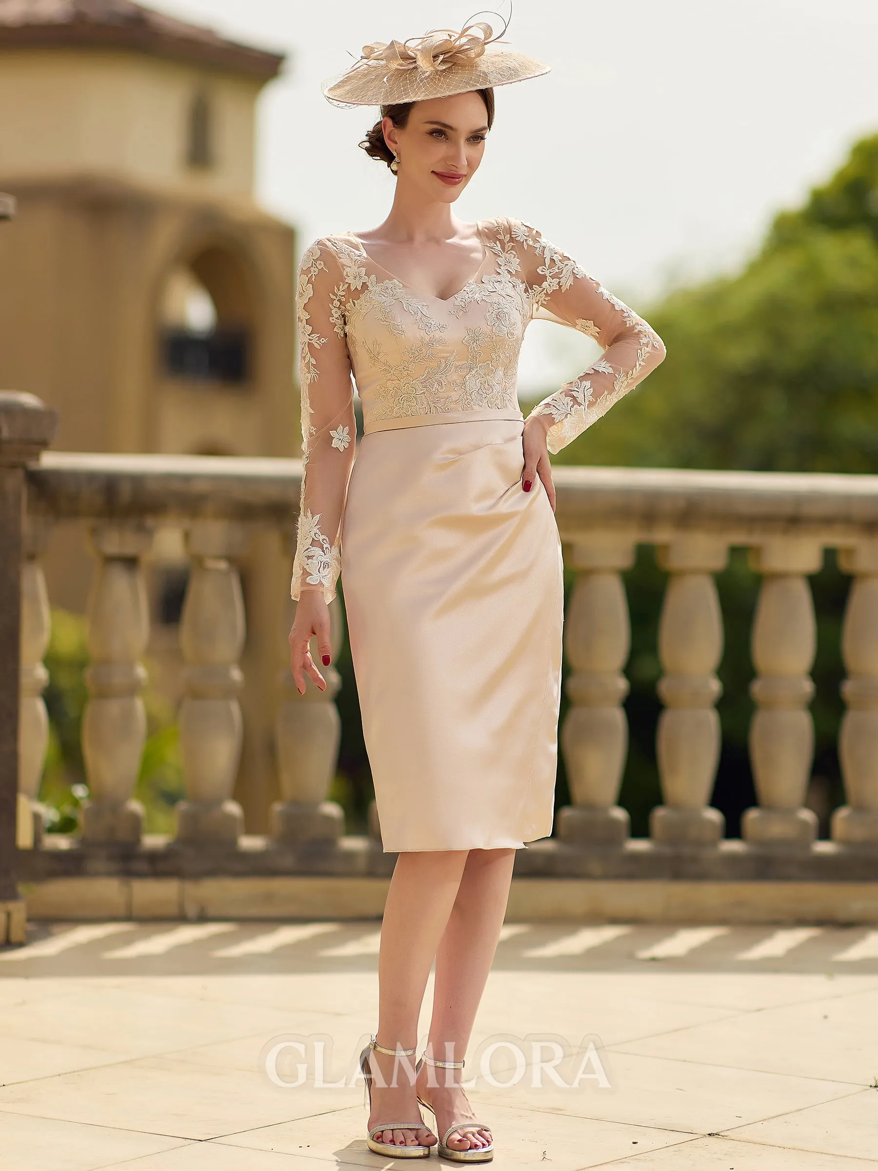 Glamorous Sheath/Column Satin Lace V-Neck Long Sleeves Knee-Length Mother of the Bride Dresses