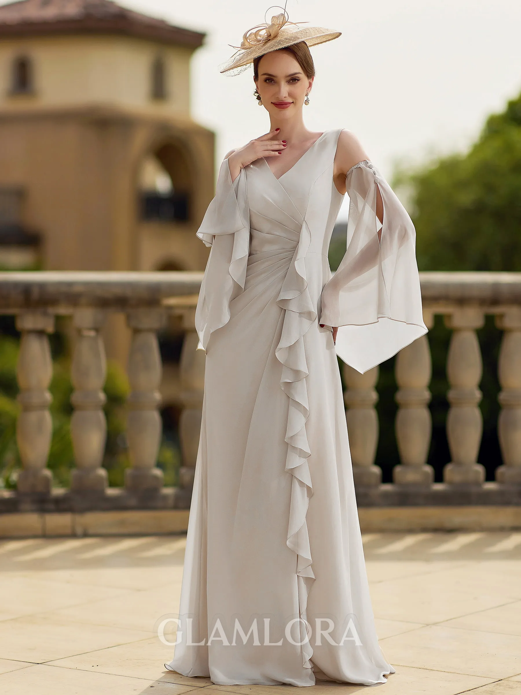 Gorgeous Sheath V-Neck Ruffles Floor-Length Chiffon Mother of the Bride Dress