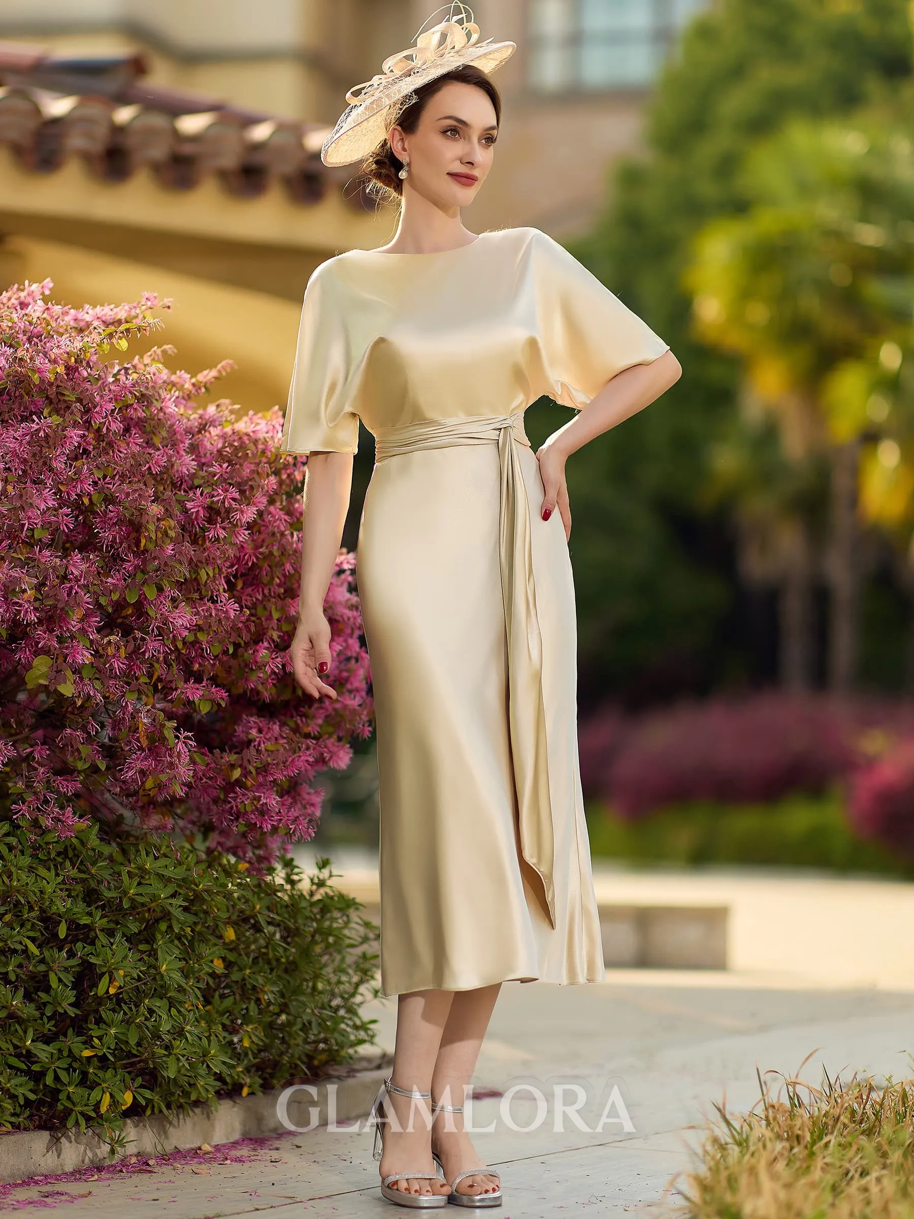 Splendid Sheath/Column Silk like Satin Ruched Scoop Short Sleeves Tea-Length Mother of the Bride Dresses