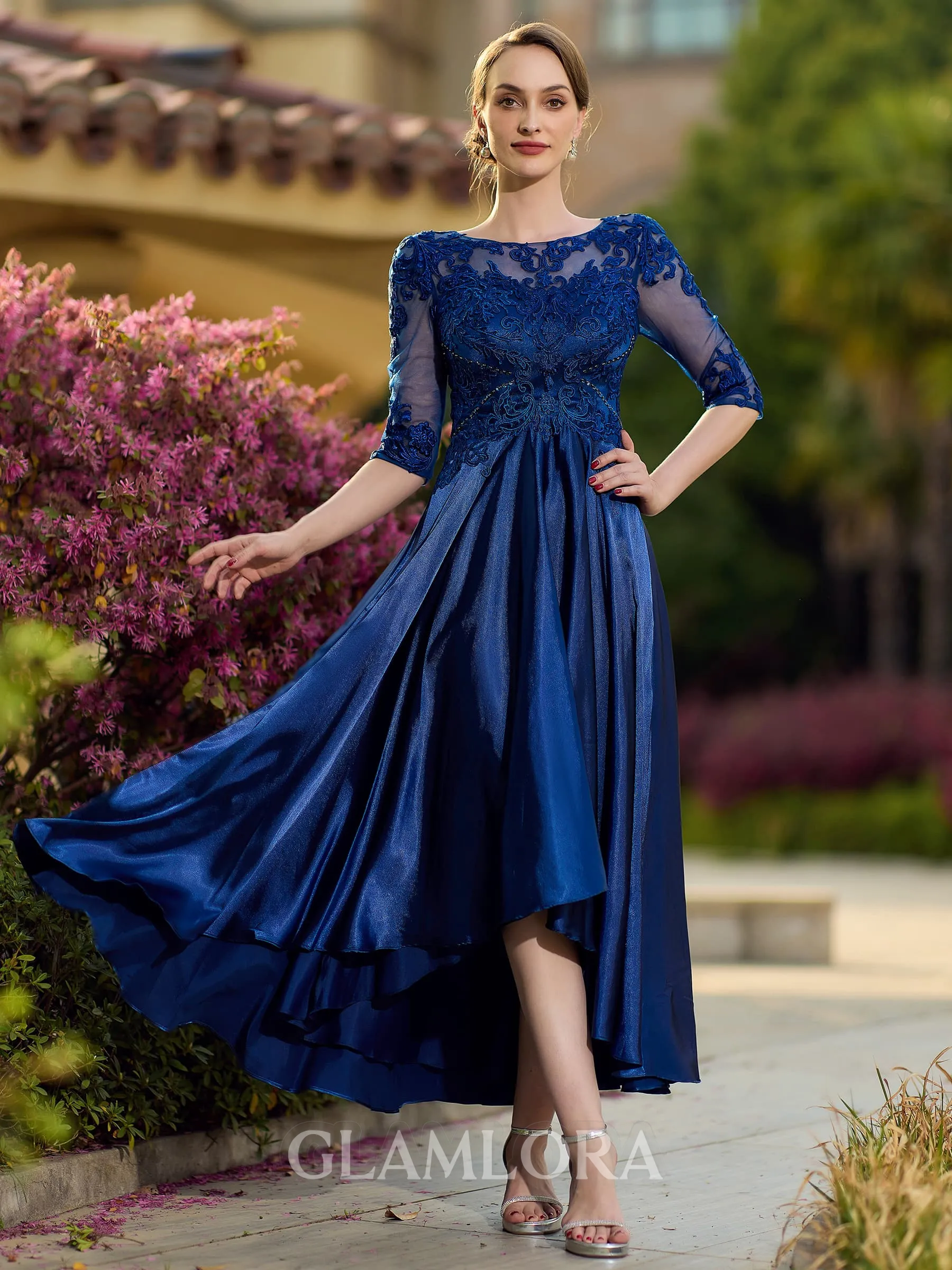 Elegant A-line Scoop 1/2 Sleeves Appliques Lace Asymmetrical Silk Like Satin Mother of the Bride Dress