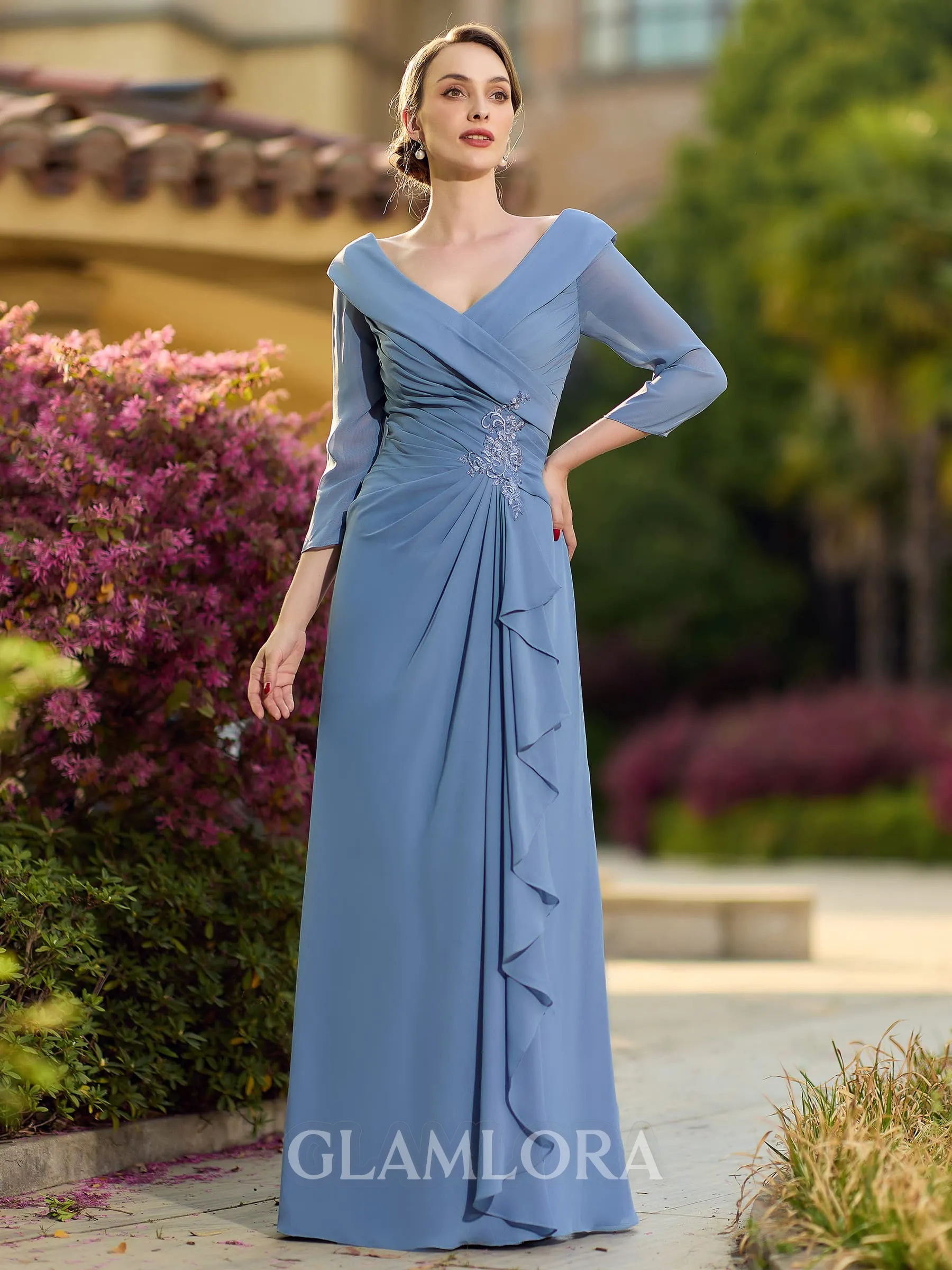 Radiant A-line V-Neck 3/4 Sleeves Ruffles Floor-Length Chiffon Mother of the Bride Dress