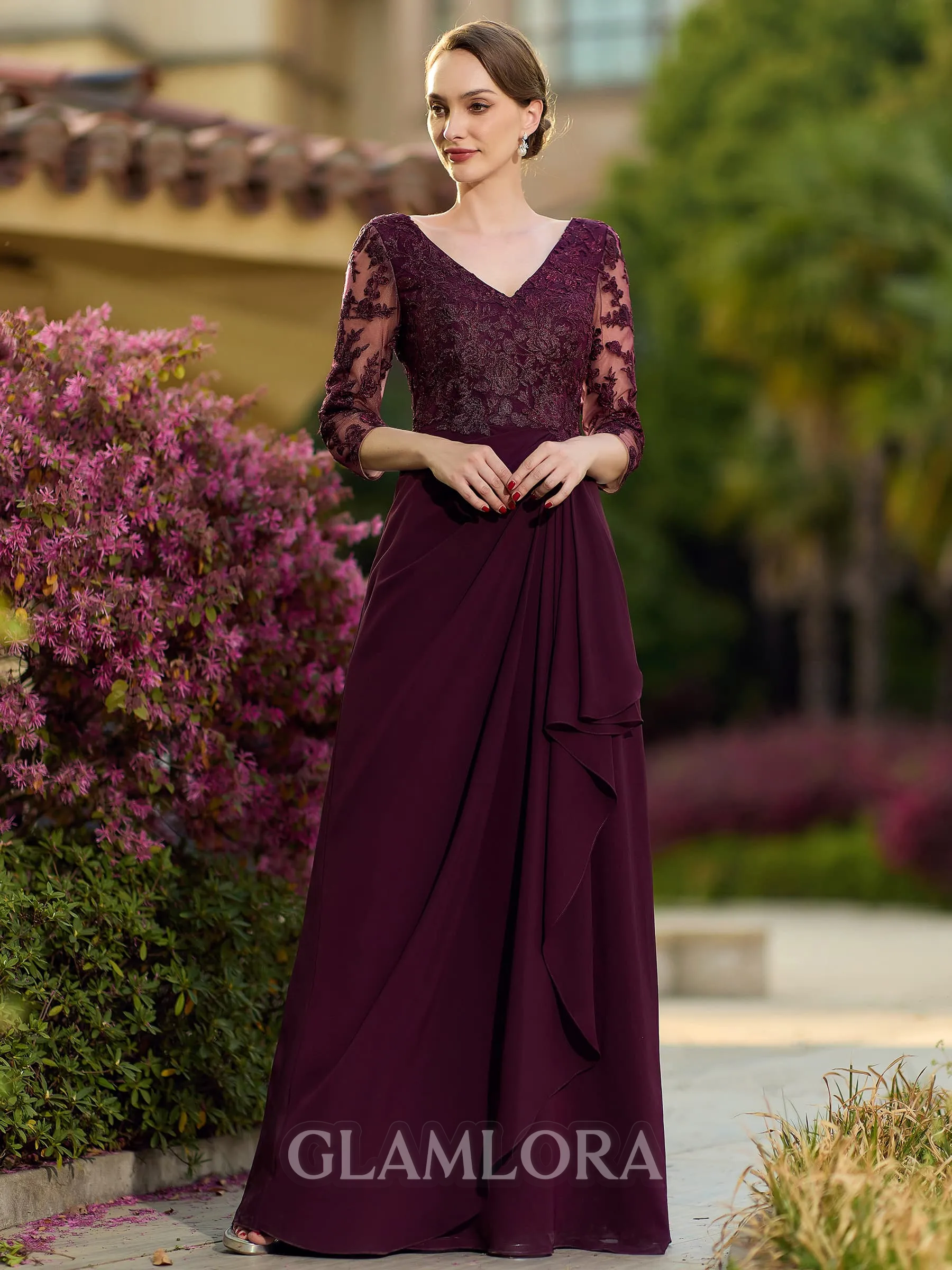 Impeccable A-line V-Neck 3/4 Sleeves Appliques Lace Floor-Length Chiffon Mother of the Bride Dress