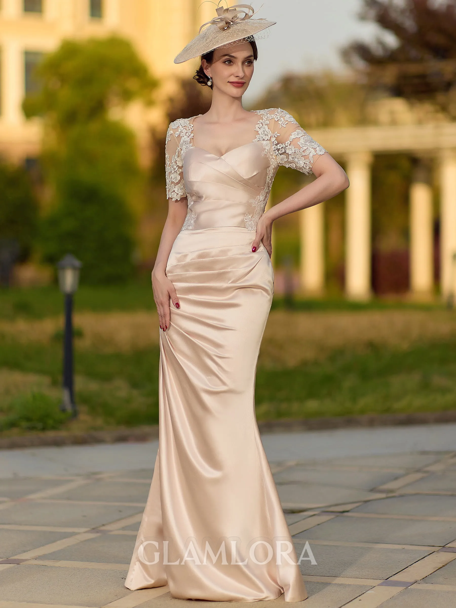 Perfect Sheath/Column Satin Lace Sweetheart Short Sleeves Floor-Length Mother of the Bride Dresses